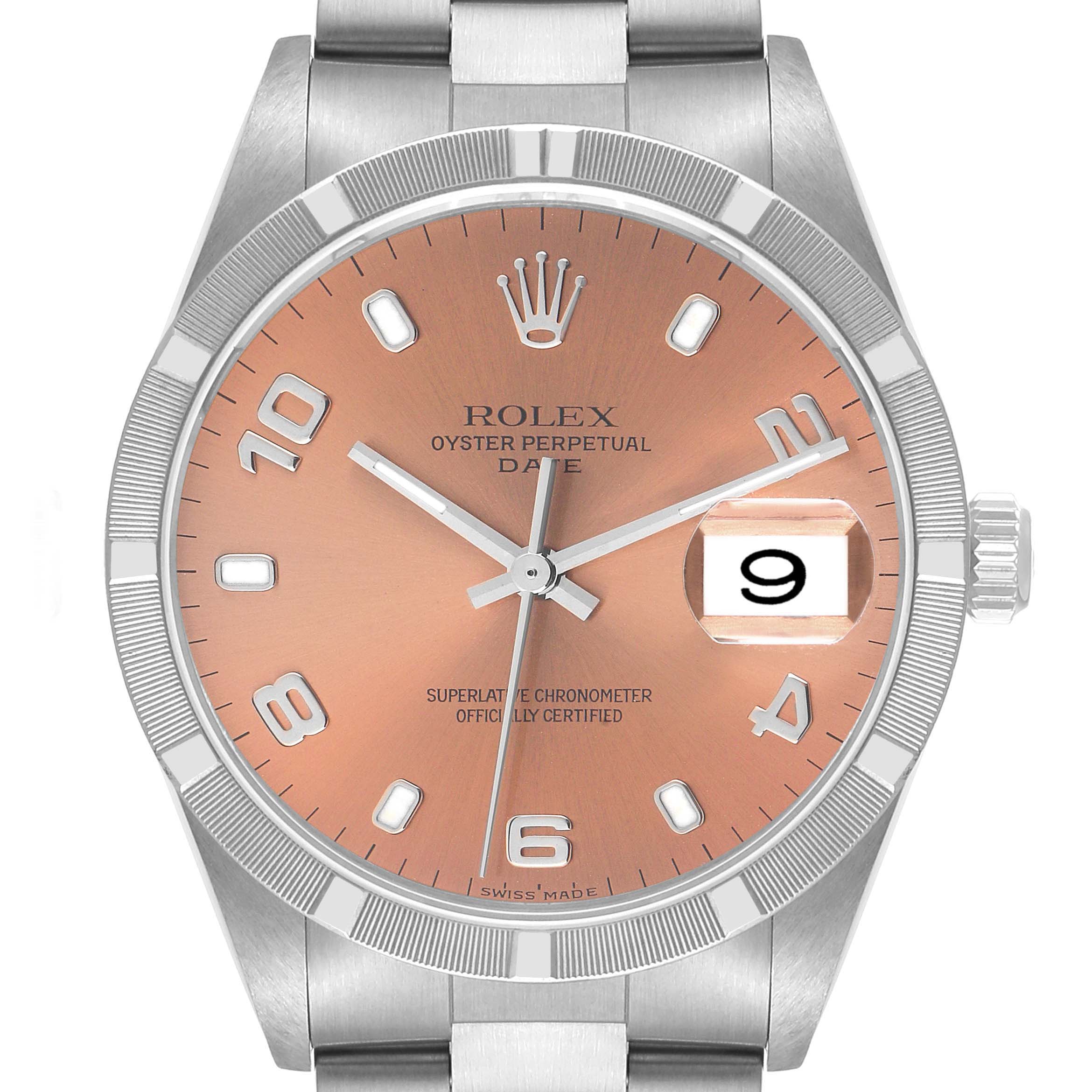 This image shows a frontal view of the Rolex Date 15210 Men's Stainless Steel Pink Dial 15210 Men's Stainless Steel Pink Dial model, highlighting its dial, hands, bezel, and bracelet.