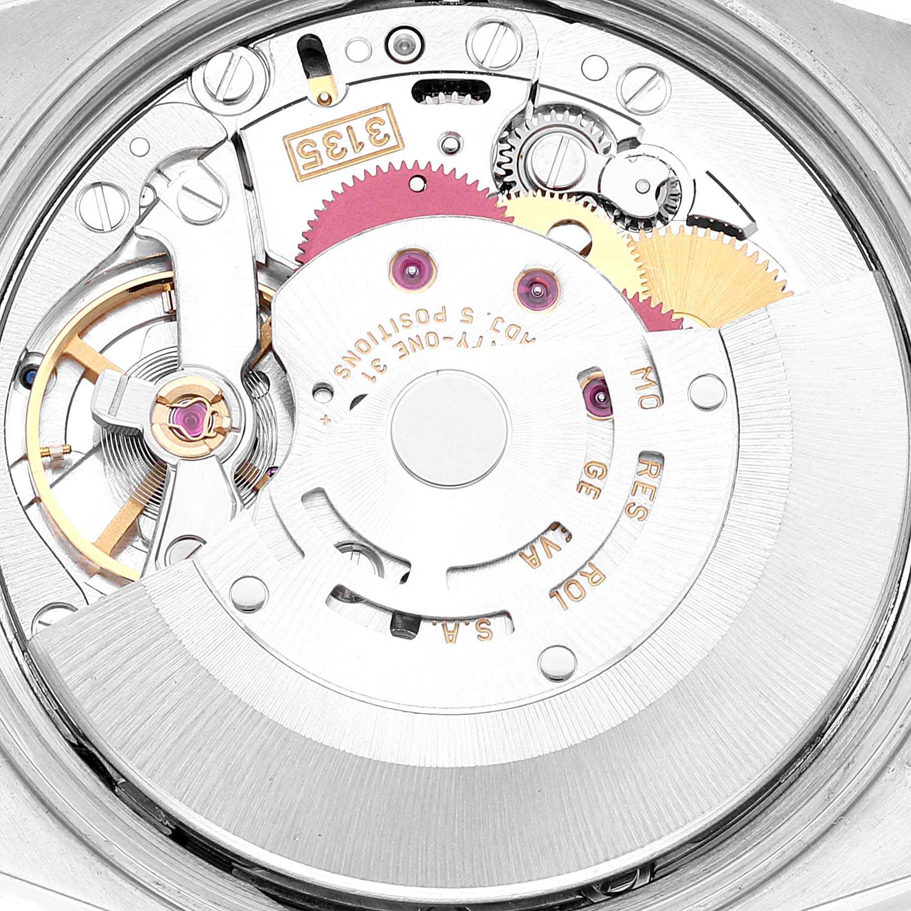 The image shows the inner mechanism and movement parts of a Rolex Date 15210 Men's Stainless Steel Pink Dial 15210 Men's Stainless Steel Pink Dial model watch.