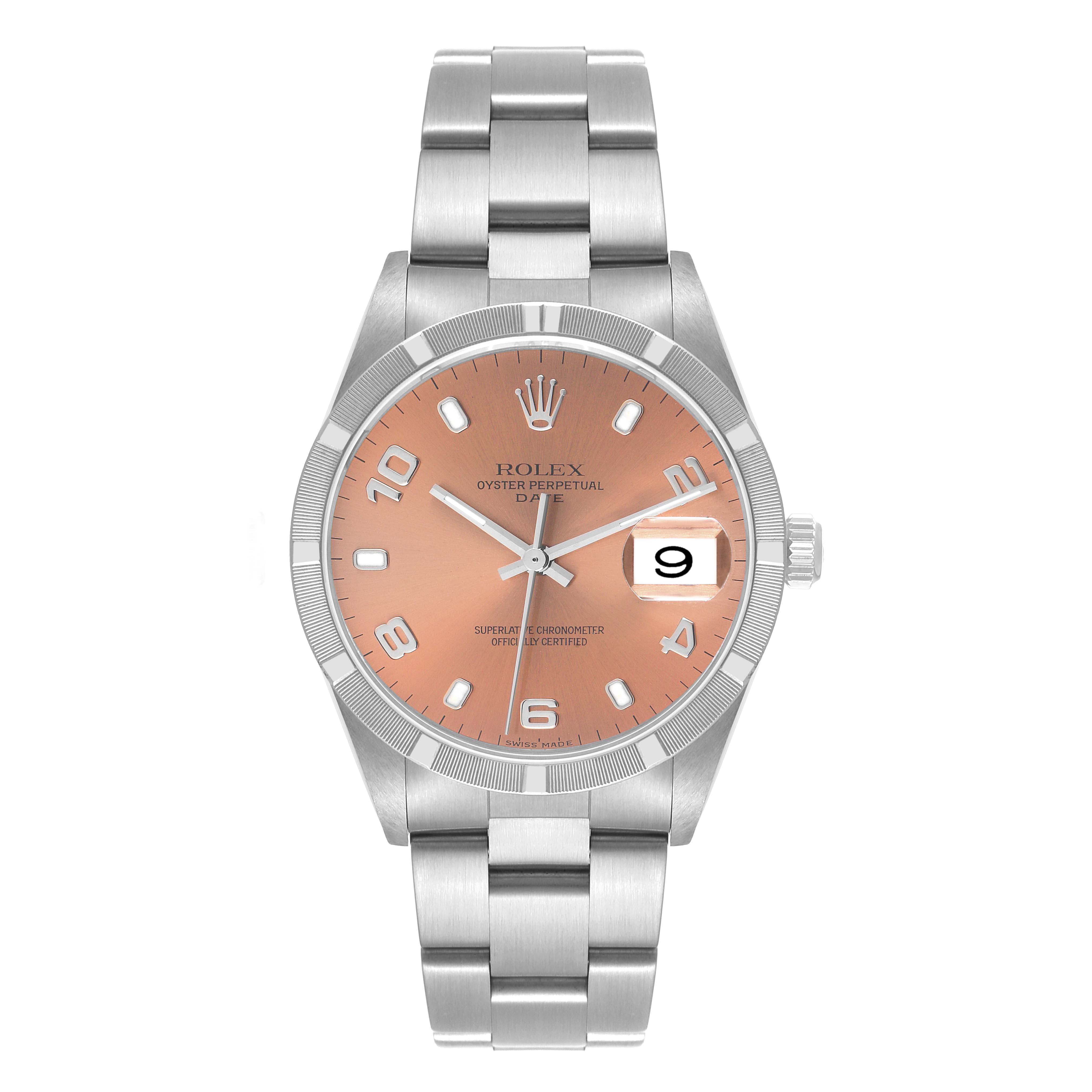 This image shows a front view of a Rolex Date 15210 Men's Stainless Steel Pink Dial 15210 Men's Stainless Steel Pink Dial watch, featuring its dial, bezel, bracelet, and crown.