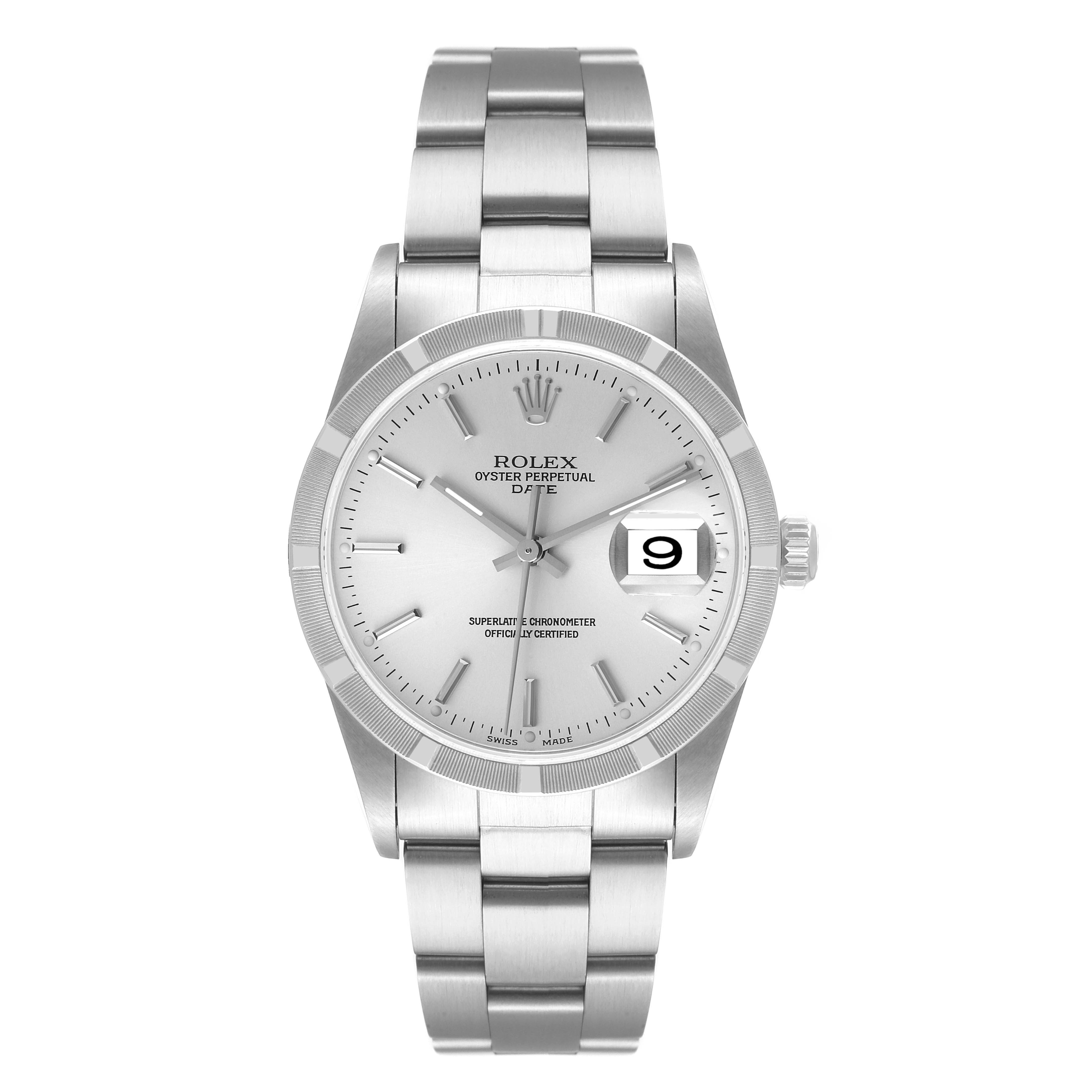 This image shows the front view of a Rolex Date 15210 Men's Stainless Steel Silver Dial 15210 Men's Stainless Steel Silver Dial model watch, highlighting its face, bezel, and bracelet.
