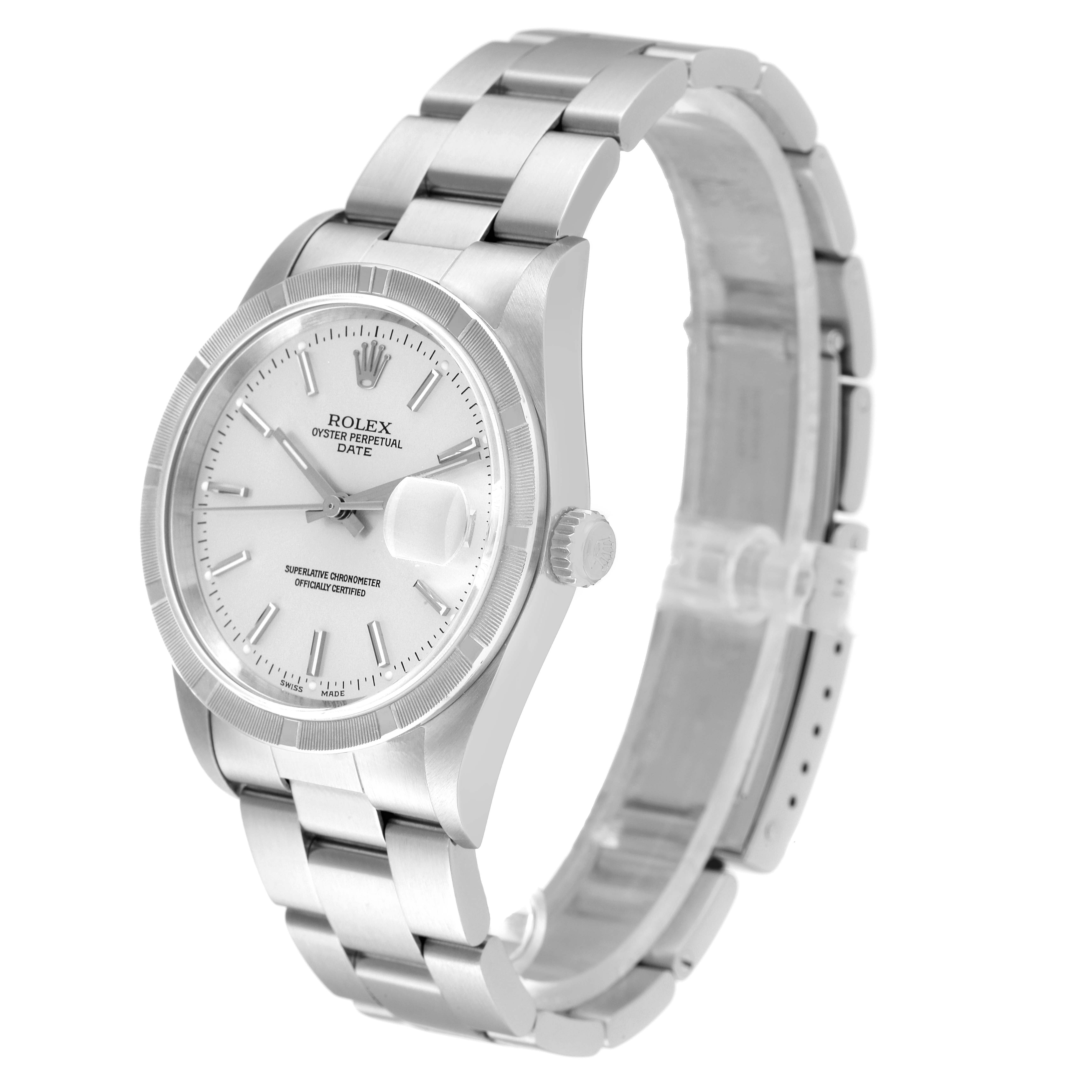 The image shows the Rolex Date 15210 Men's Stainless Steel Silver Dial 15210 Men's Stainless Steel Silver Dial model watch angled to display the face, bezel, case, crown, and part of the bracelet.