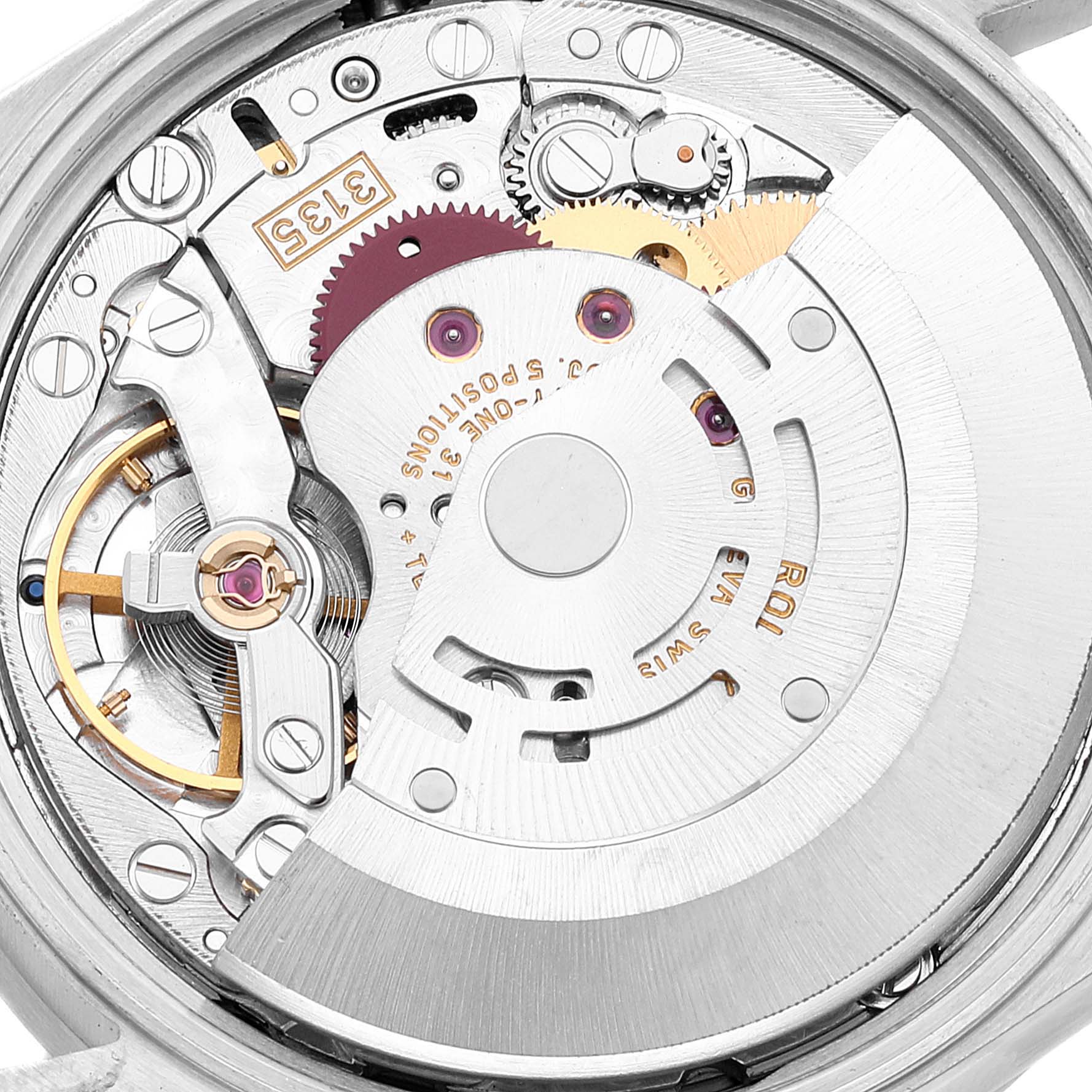 This image shows the inner mechanism of a Rolex Date 15210 Men's Stainless Steel Silver Dial 15210 Men's Stainless Steel Silver Dial model watch viewed from the back.