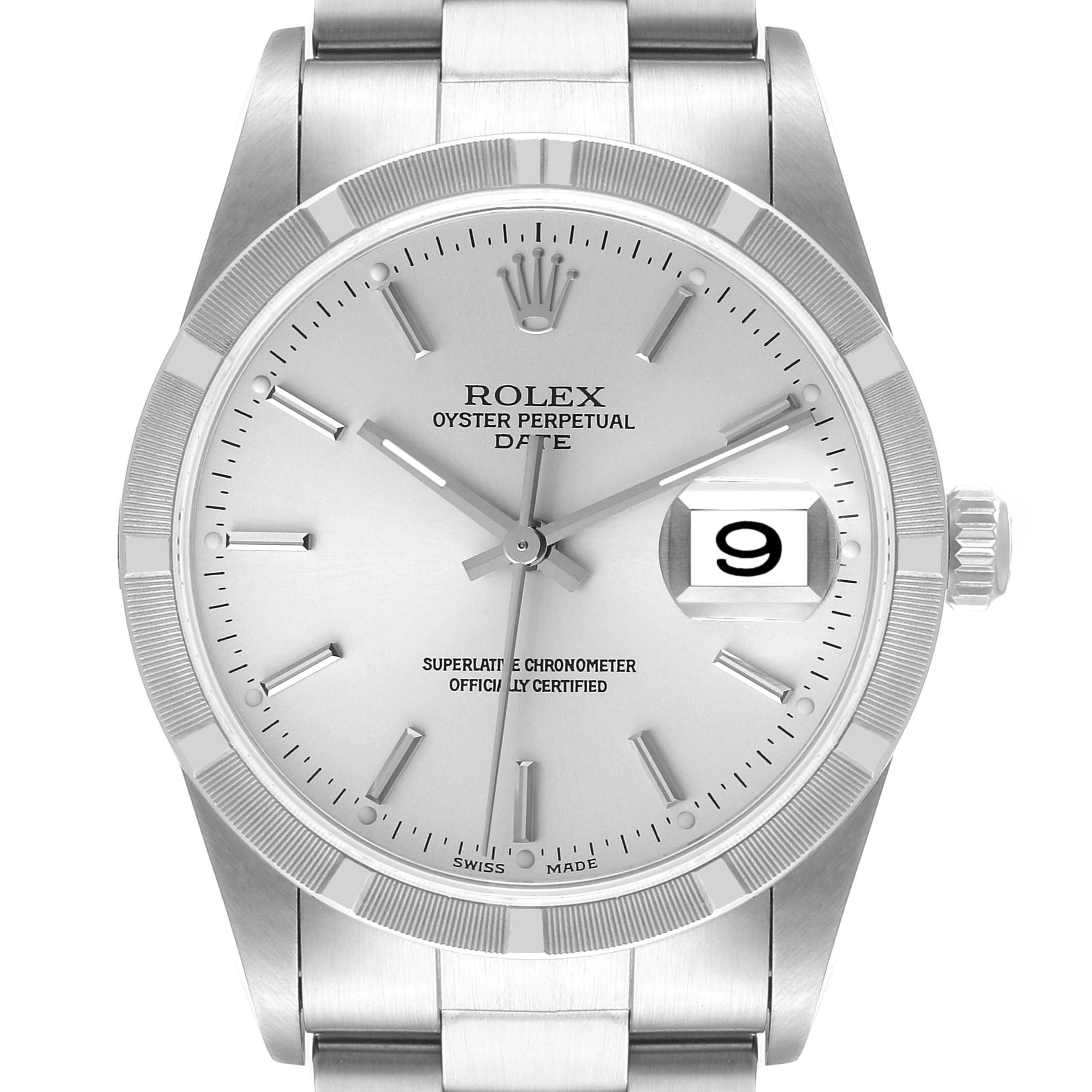 The image shows a frontal view of the dial and bracelet of a Rolex Oyster Perpetual Date model watch.