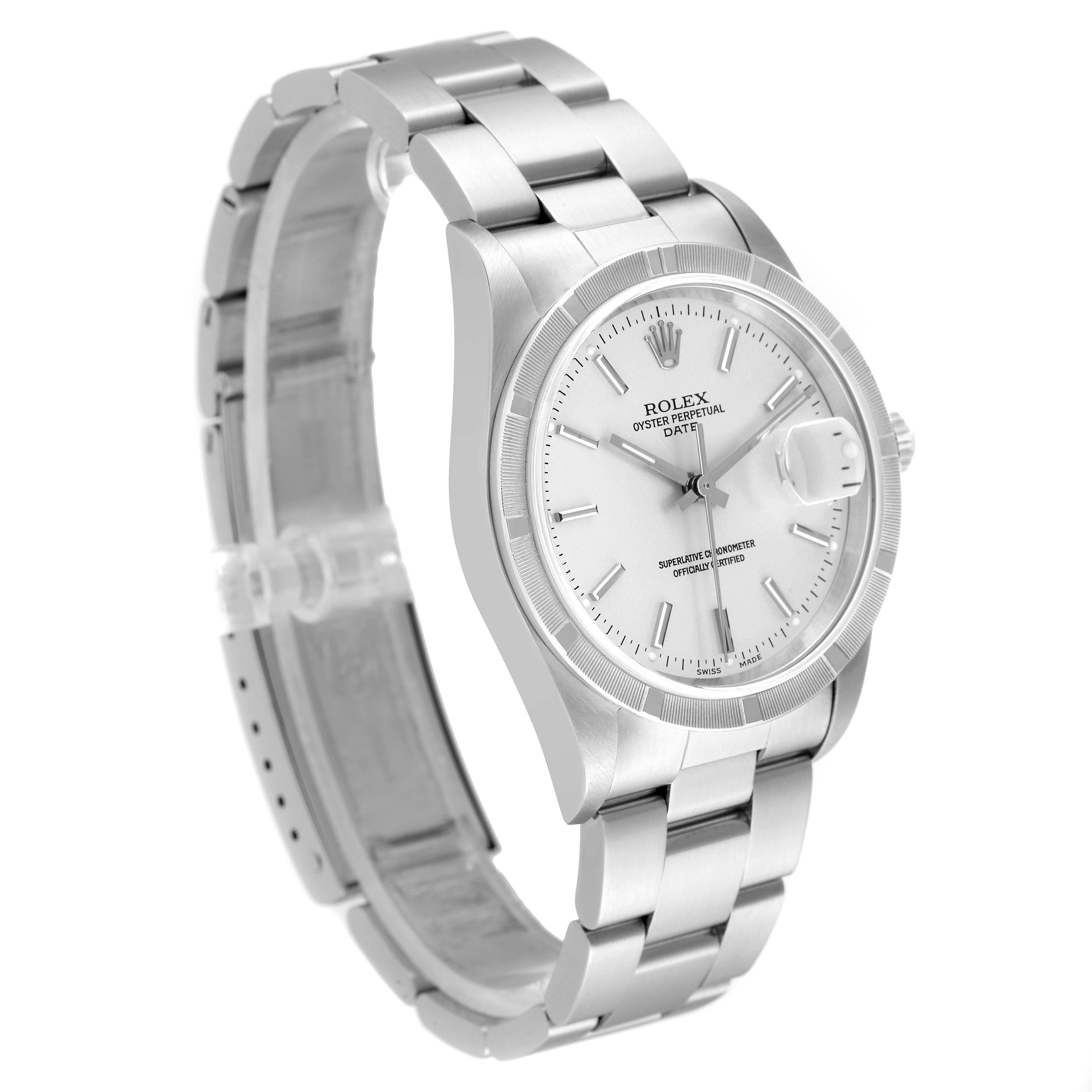This image shows a Rolex Date 15210 Men's Stainless Steel Silver Dial 15210 Men's Stainless Steel Silver Dial model from an angled perspective, capturing its dial, case, and metallic bracelet.