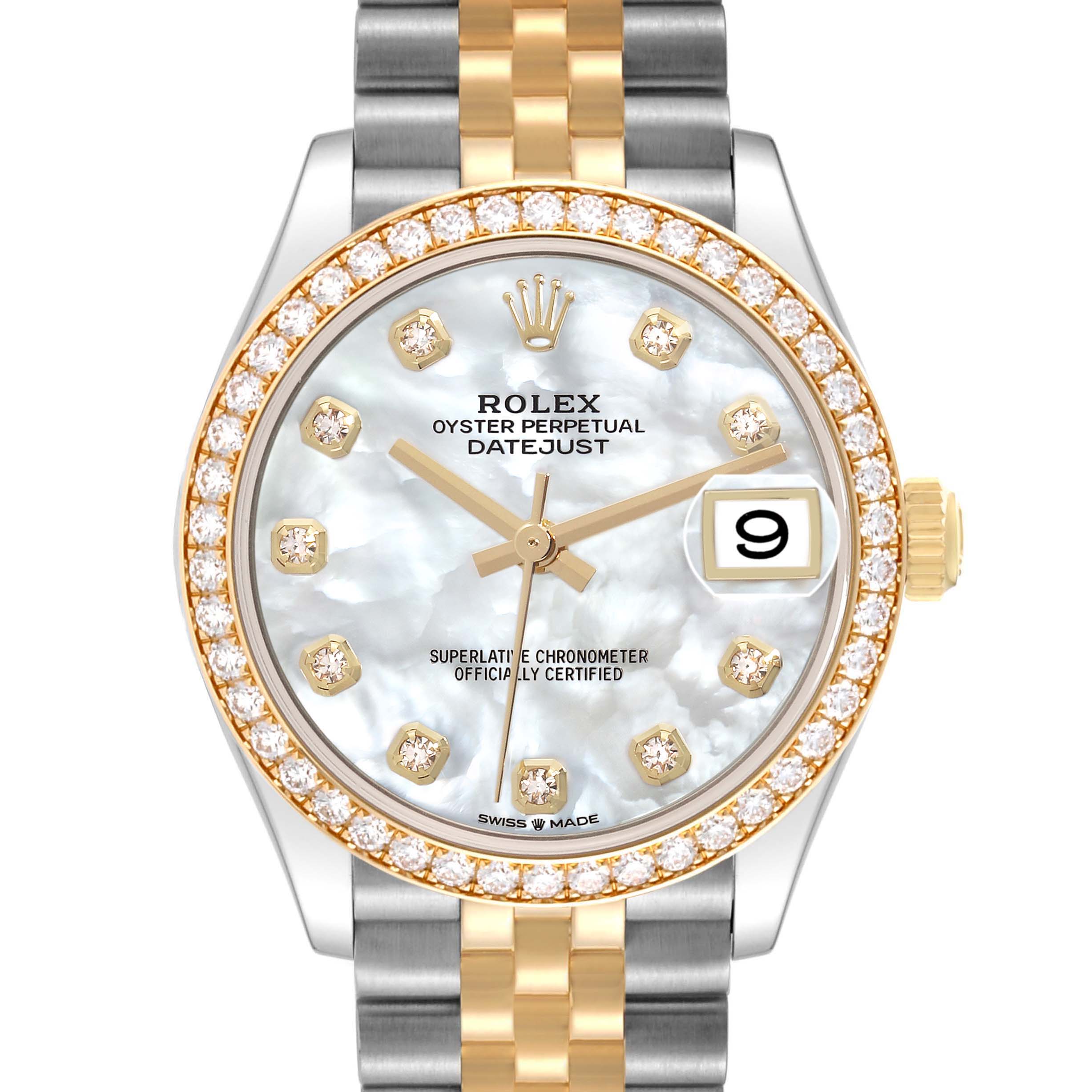 The Rolex Datejust watch is shown from a front angle, highlighting its dial, case, and bracelet.