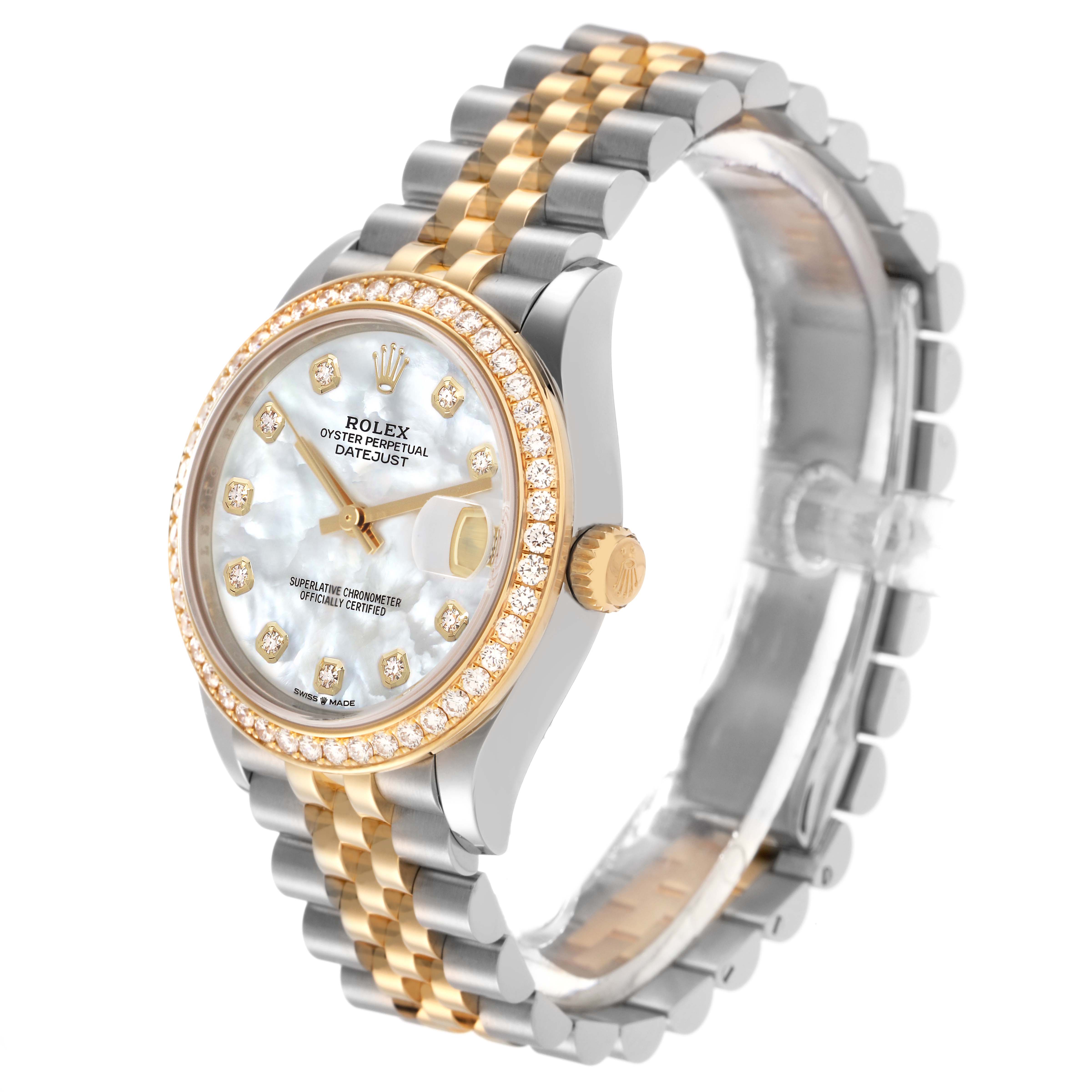 The Rolex Datejust watch is shown at a slight side angle, highlighting the dial, bezel, and two-tone bracelet.