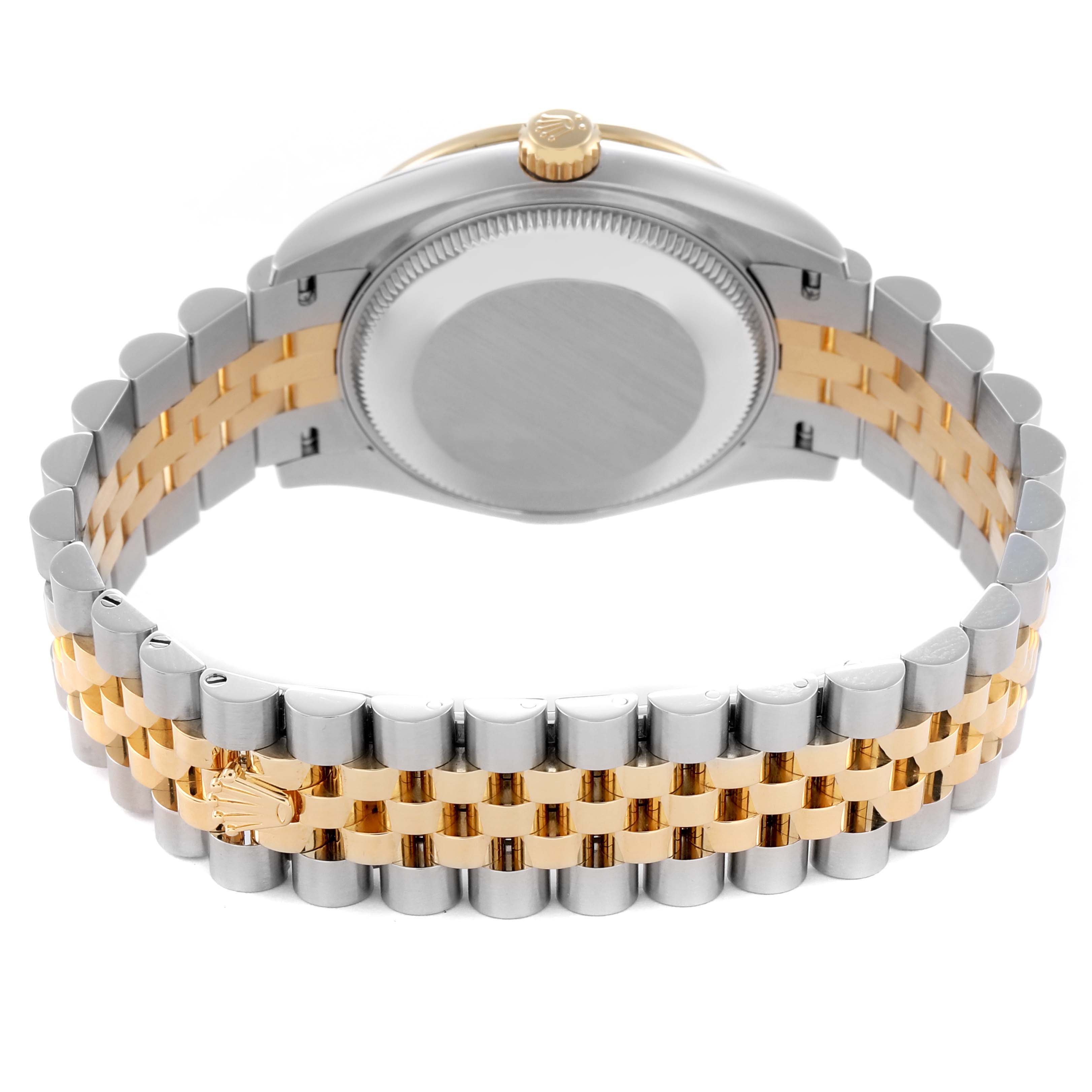 The Rolex Datejust watch is shown from the back, highlighting its two-tone bracelet and case back.