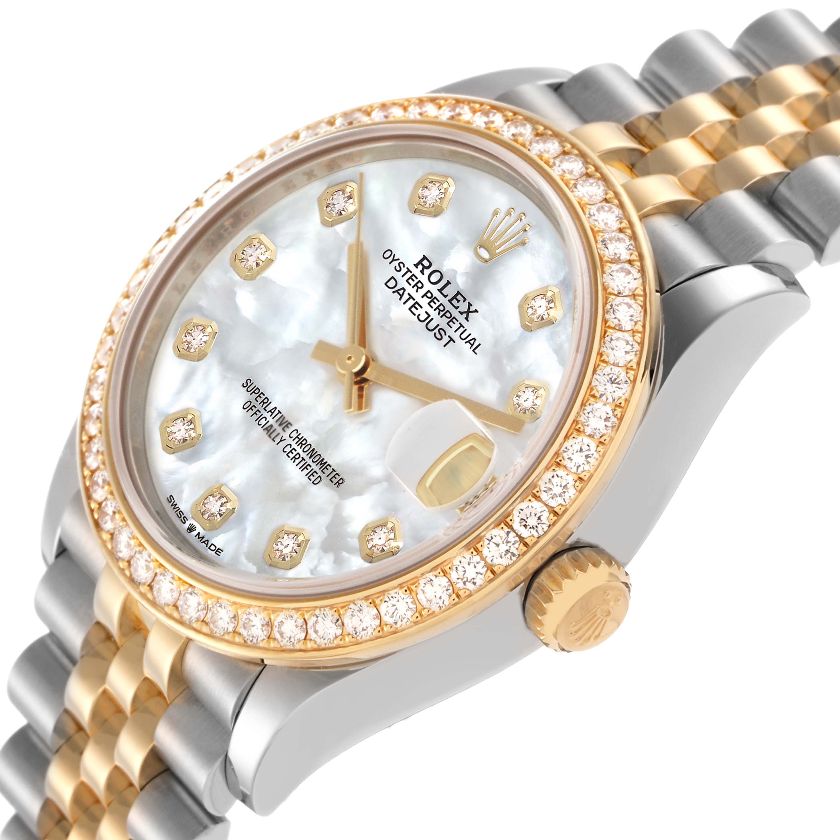 The image shows a Rolex Datejust watch at an angle highlighting the dial, bezel, crown, and bracelet.