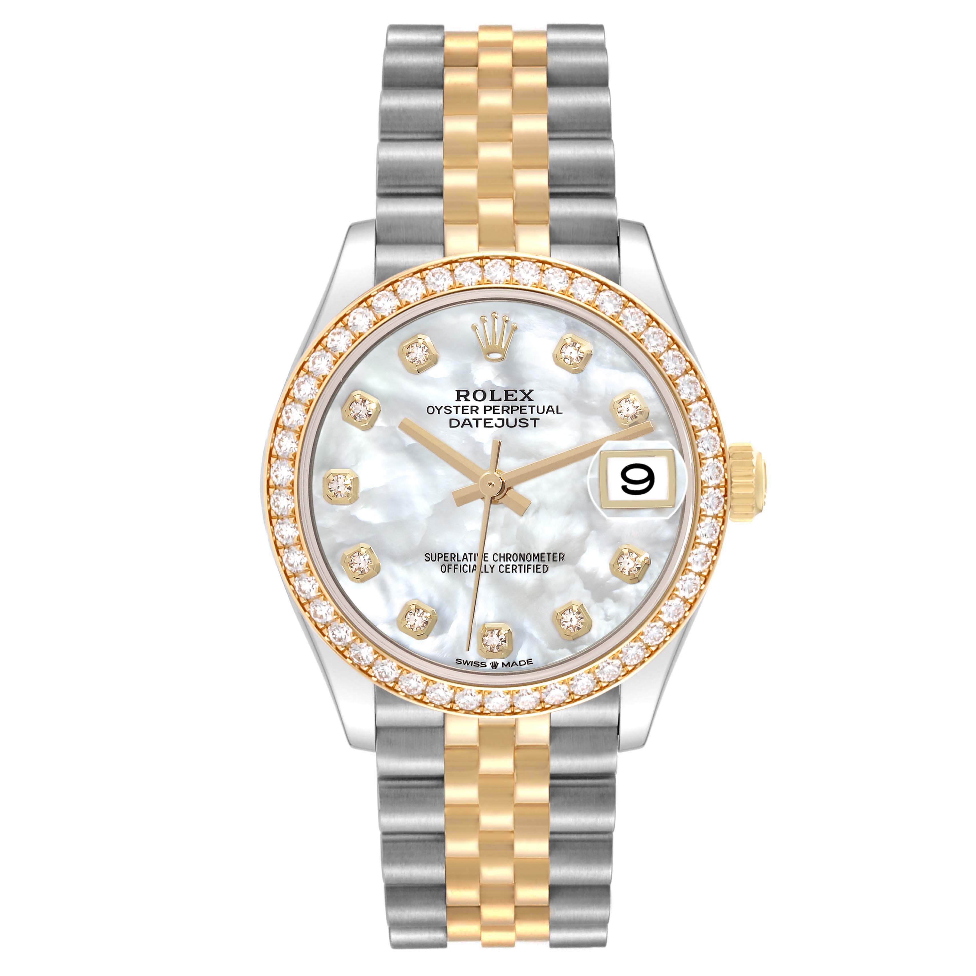 The Rolex Datejust watch is shown from the front, highlighting the dial, bezel, and Jubilee bracelet.
