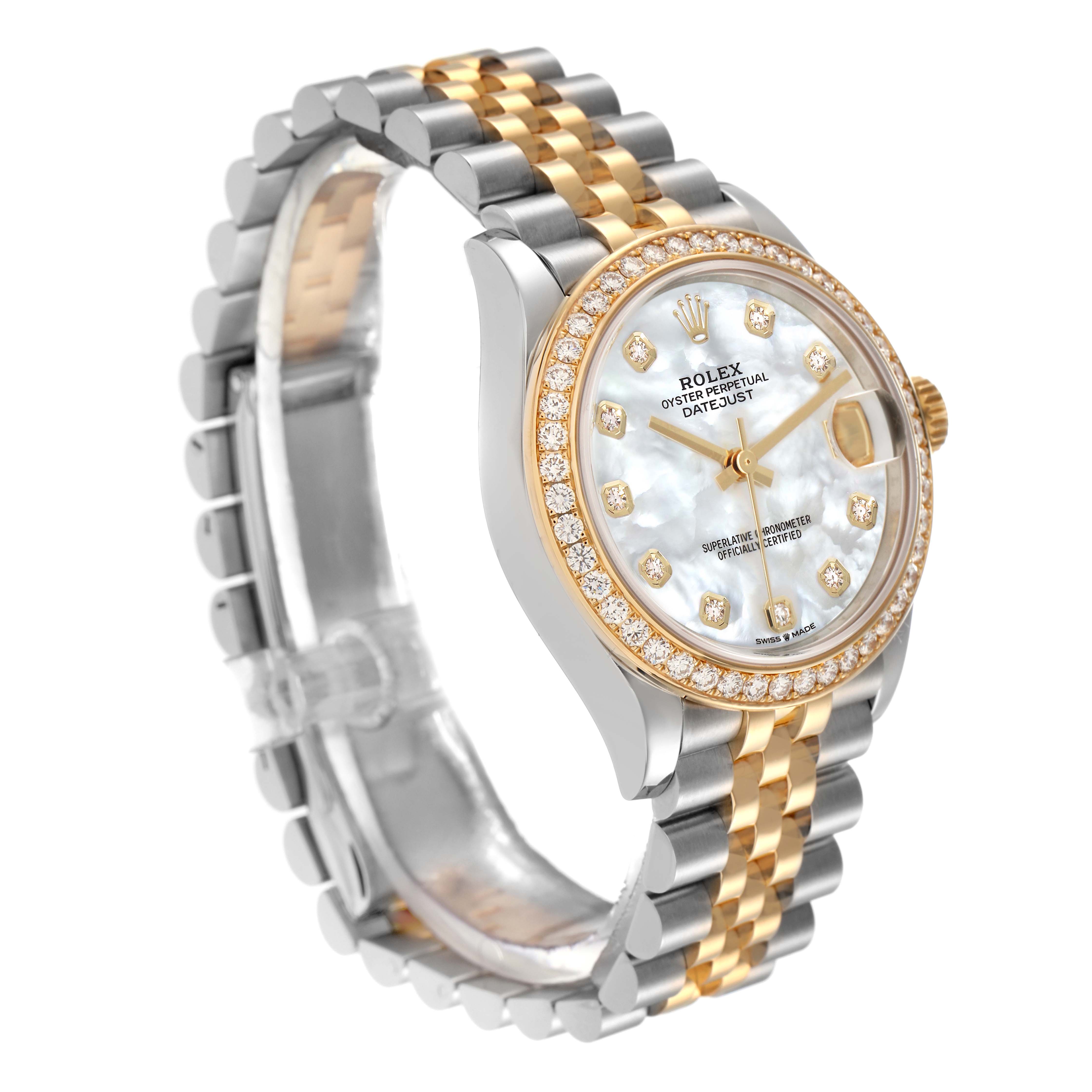 The Rolex Datejust watch is shown at an angle highlighting its dial, bezel, crown, and Jubilee bracelet.