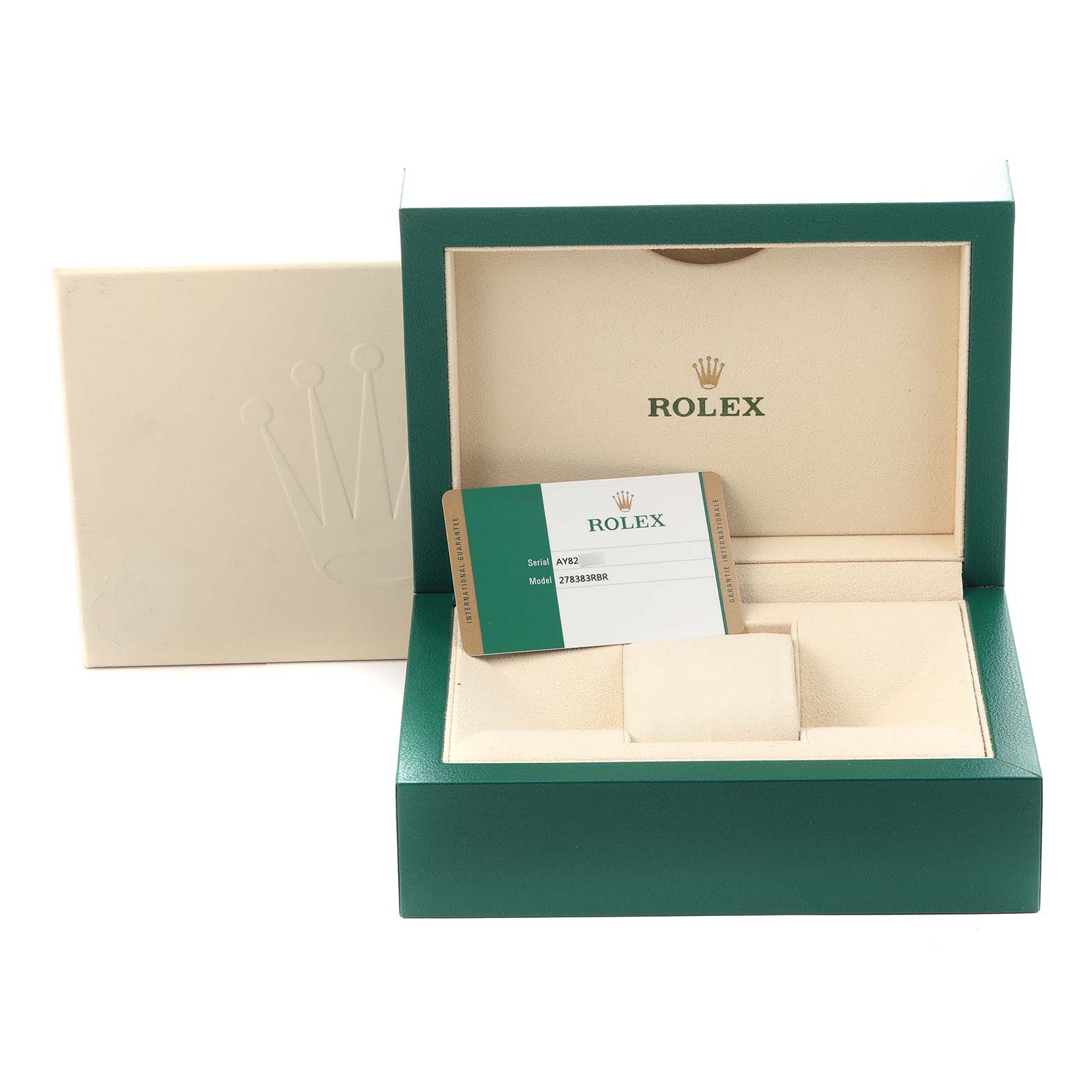 The image shows a Rolex Datejust box and card, viewed from the front, with an open interior and watch holder.