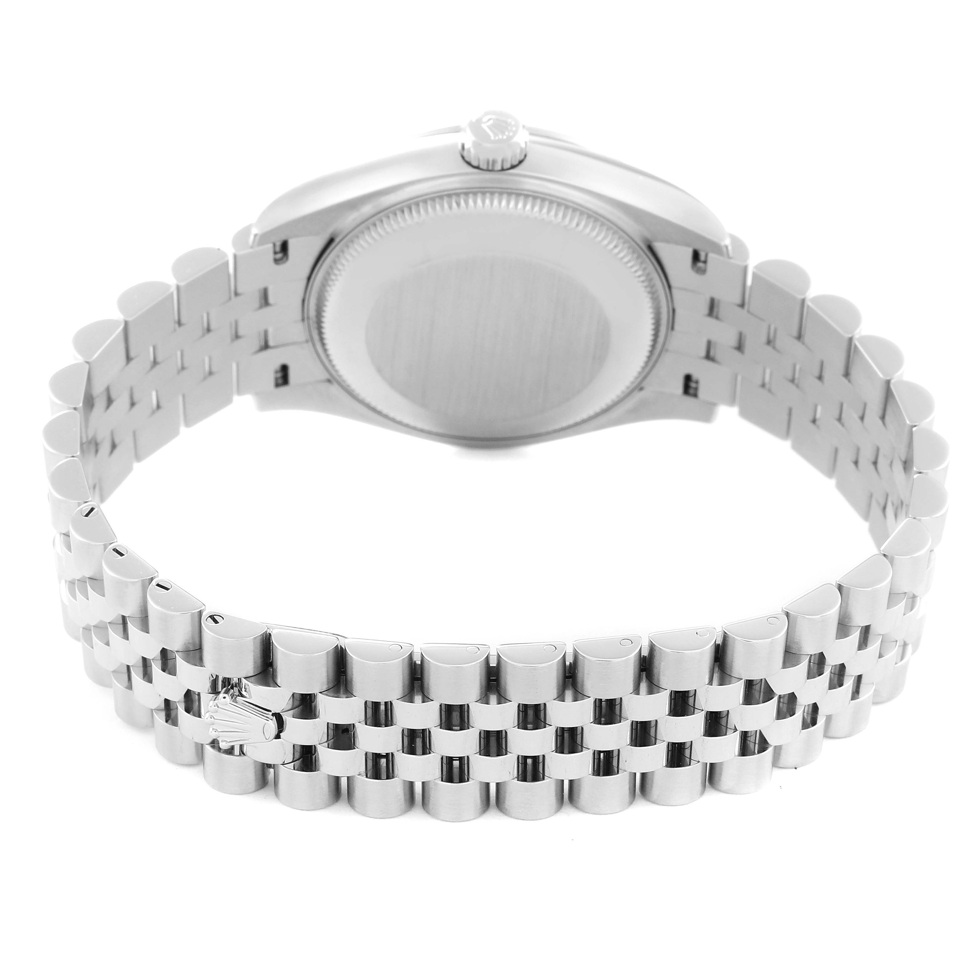 The image shows the back view of a Mid-Size Rolex watch, highlighting its case back and Jubilee bracelet.