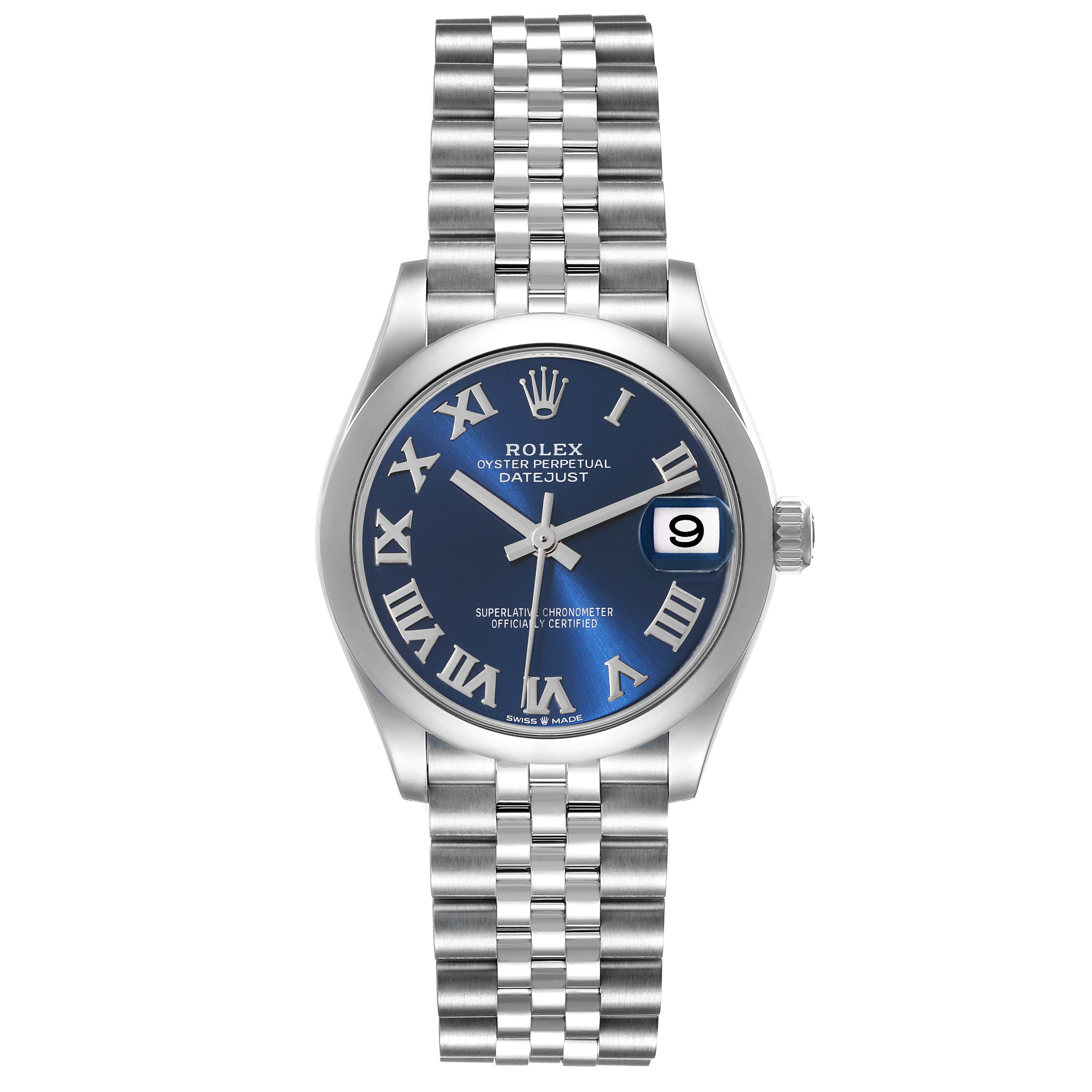 The image shows a front view of the Rolex Oyster Perpetual Datejust Mid-Size model with a blue dial and stainless steel bracelet.