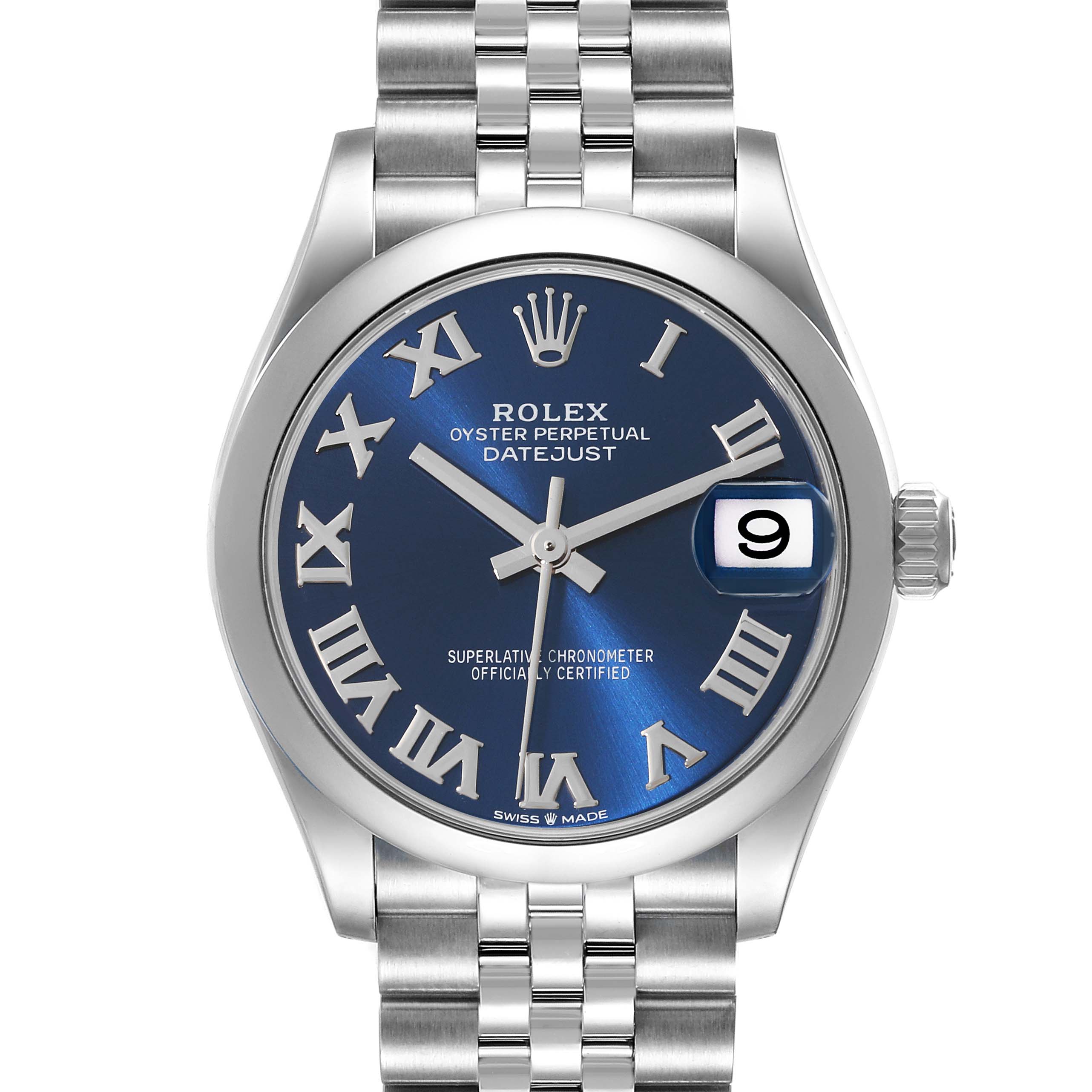 The Rolex Mid-Size 278240 Women
s Stainless Steel Blue Dial 278240 Women
s Stainless Steel Blue Dial Datejust watch is shown from the front, displaying the blue dial, Roman numerals, date window, and metal bracelet.