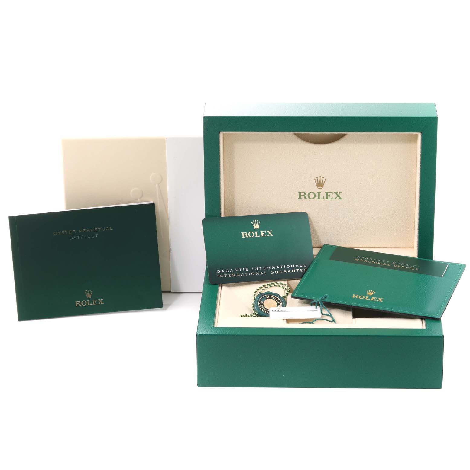 This image showcases the packaging and accessories for a Mid-Size Rolex watch, including warranty cards and manuals.