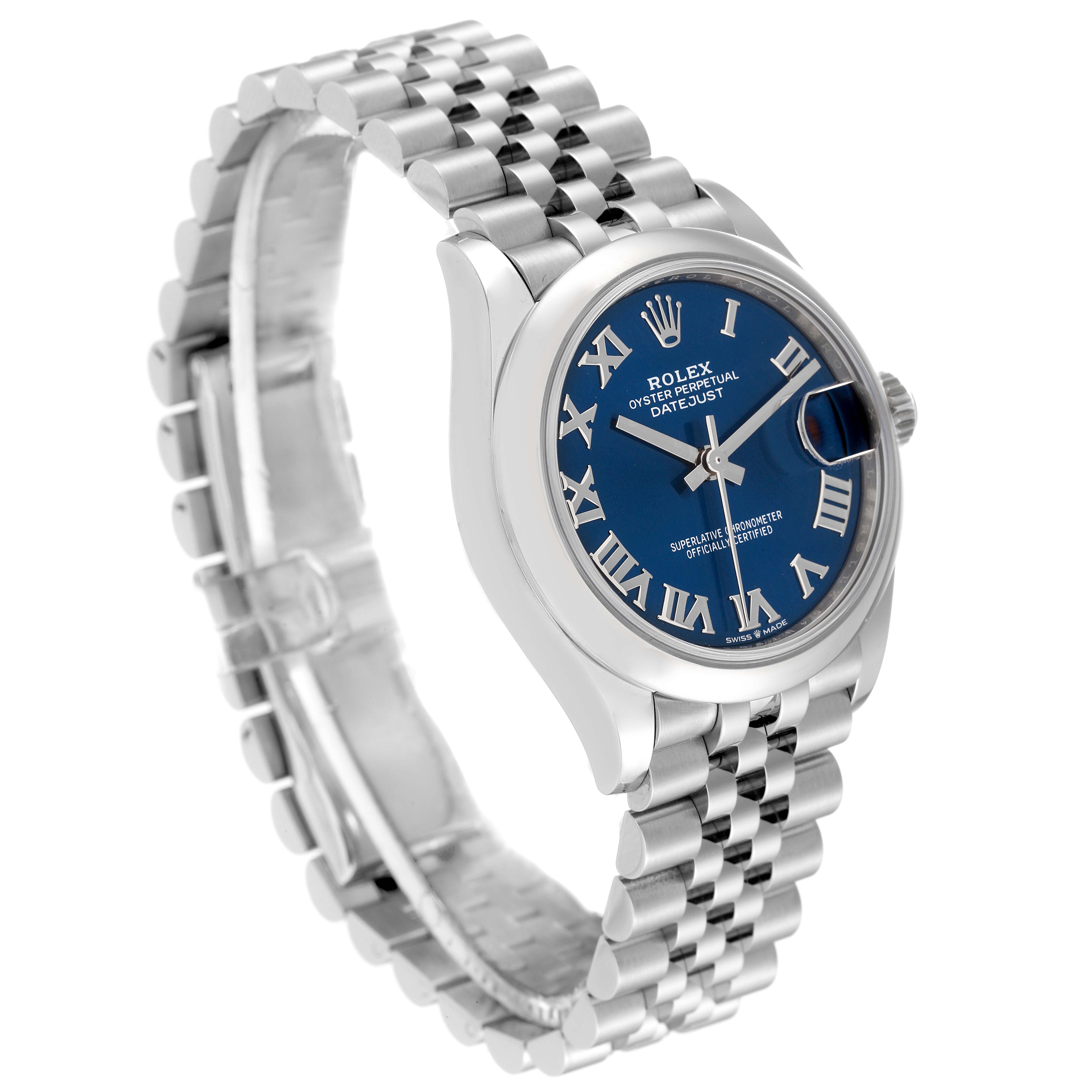 The image shows a Rolex Mid-Size 278240 Women
s Stainless Steel Blue Dial 278240 Women
s Stainless Steel Blue Dial Oyster Perpetual Datejust watch at a three-quarter angle, highlighting its blue dial and bracelet.