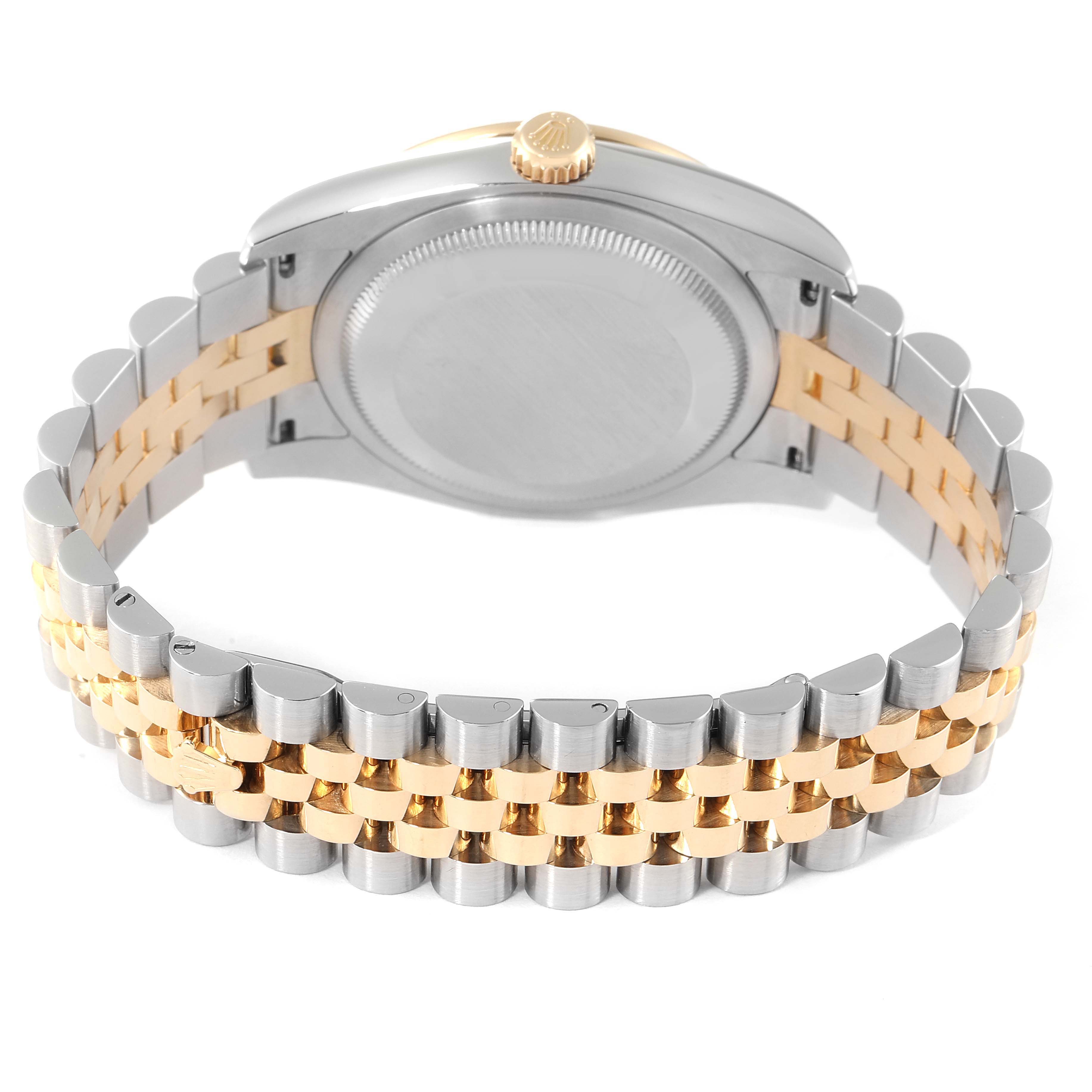 The image shows the back view of a Rolex Datejust 116243 Men's Steel and Gold (two tone) Champagne Dial 116243 Men's Steel and Gold (two tone) Champagne Dial watch, focusing on the gold and steel bracelet and the case back.