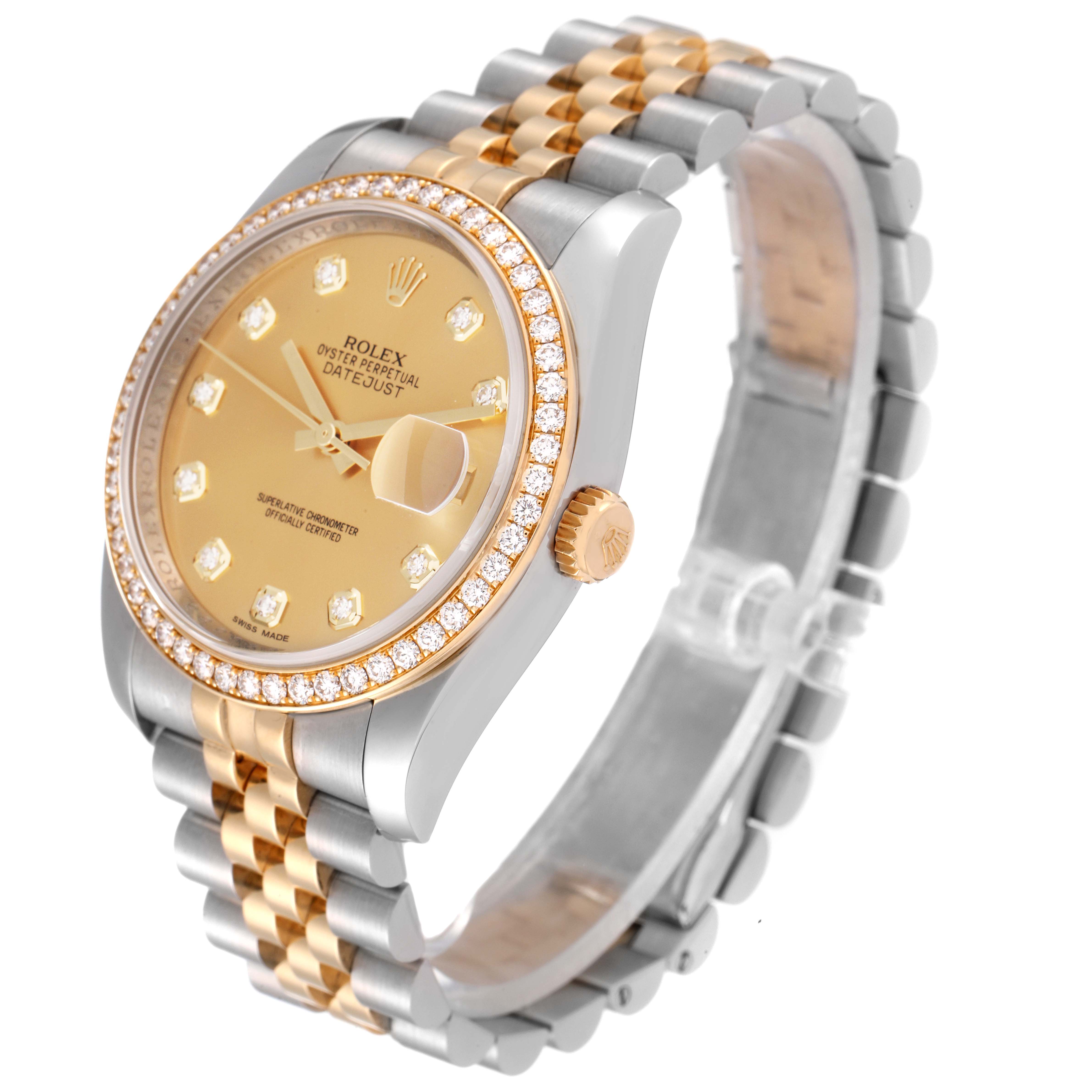 This Rolex Datejust 116243 Men's Steel and Gold (two tone) Champagne Dial 116243 Men's Steel and Gold (two tone) Champagne Dial watch is shown at an angle highlighting its dial, diamond bezel, and two-tone metal bracelet.