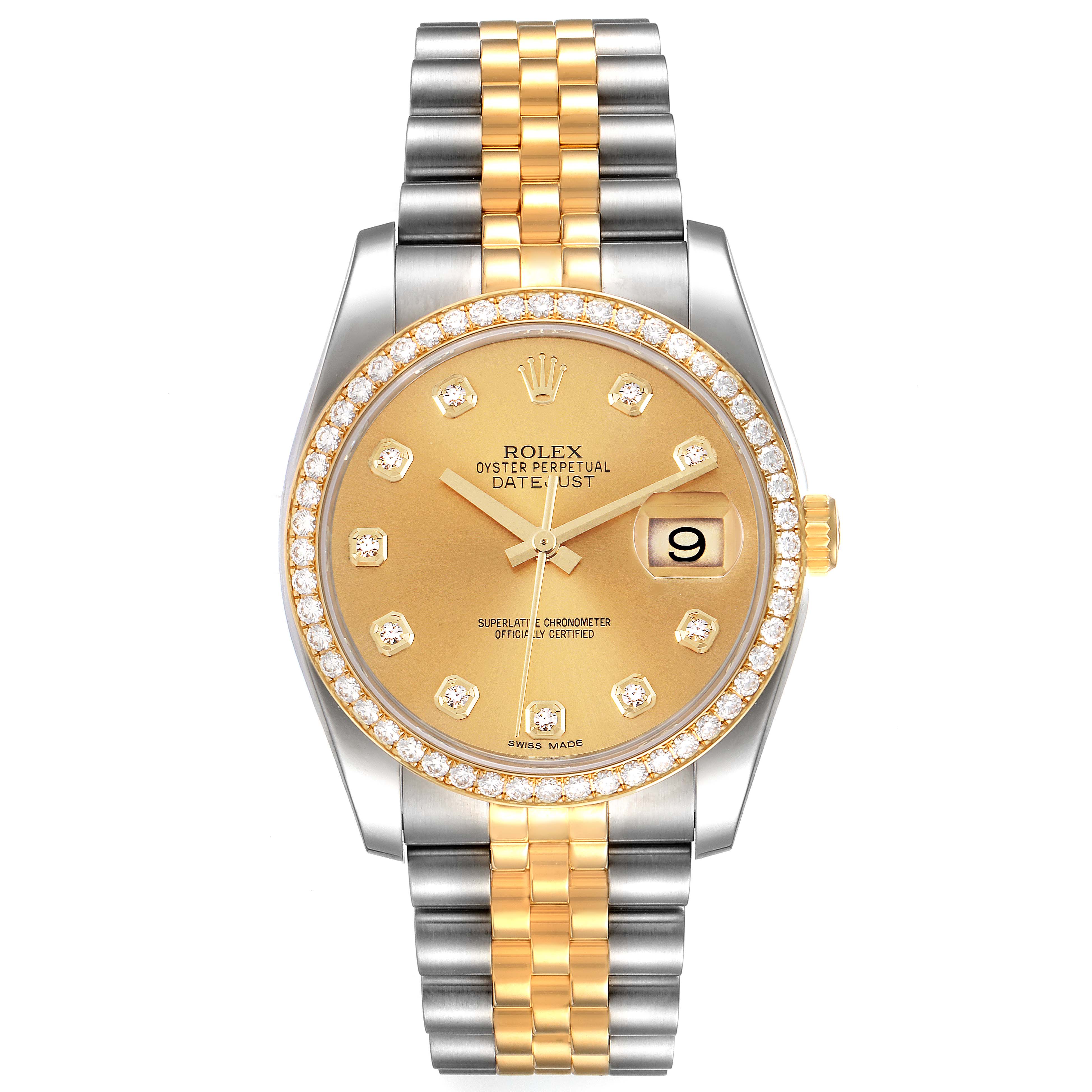 This image shows a front view of a Rolex Datejust 116243 Men's Steel and Gold (two tone) Champagne Dial 116243 Men's Steel and Gold (two tone) Champagne Dial watch displaying the dial, bezel, and bracelet.