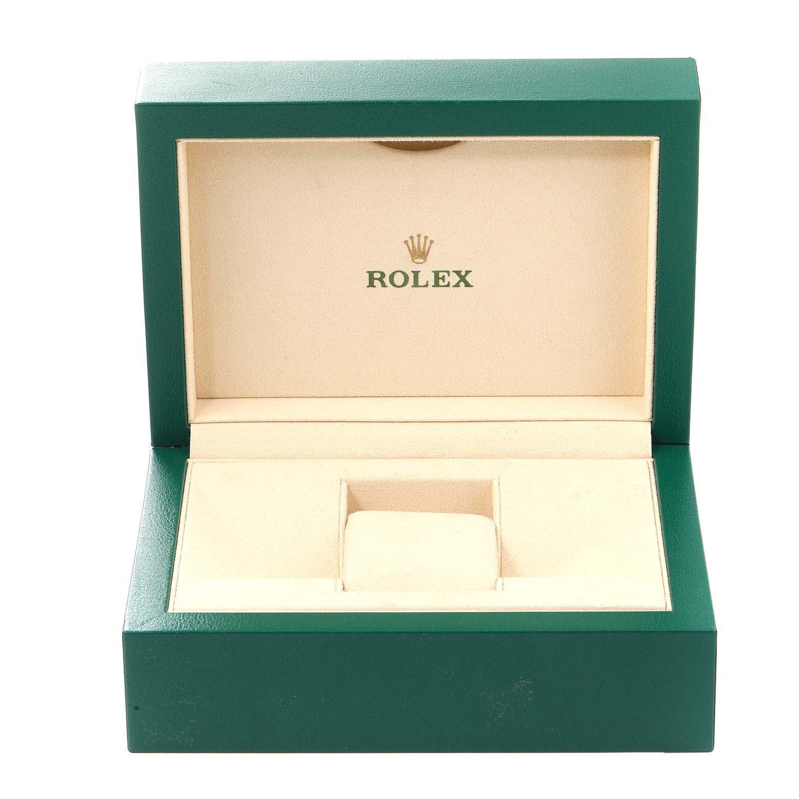 This image shows an open Rolex Datejust 116243 Men's Steel and Gold (two tone) Champagne Dial 116243 Men's Steel and Gold (two tone) Champagne Dial watch box with beige interior and green exterior, viewed from the front.