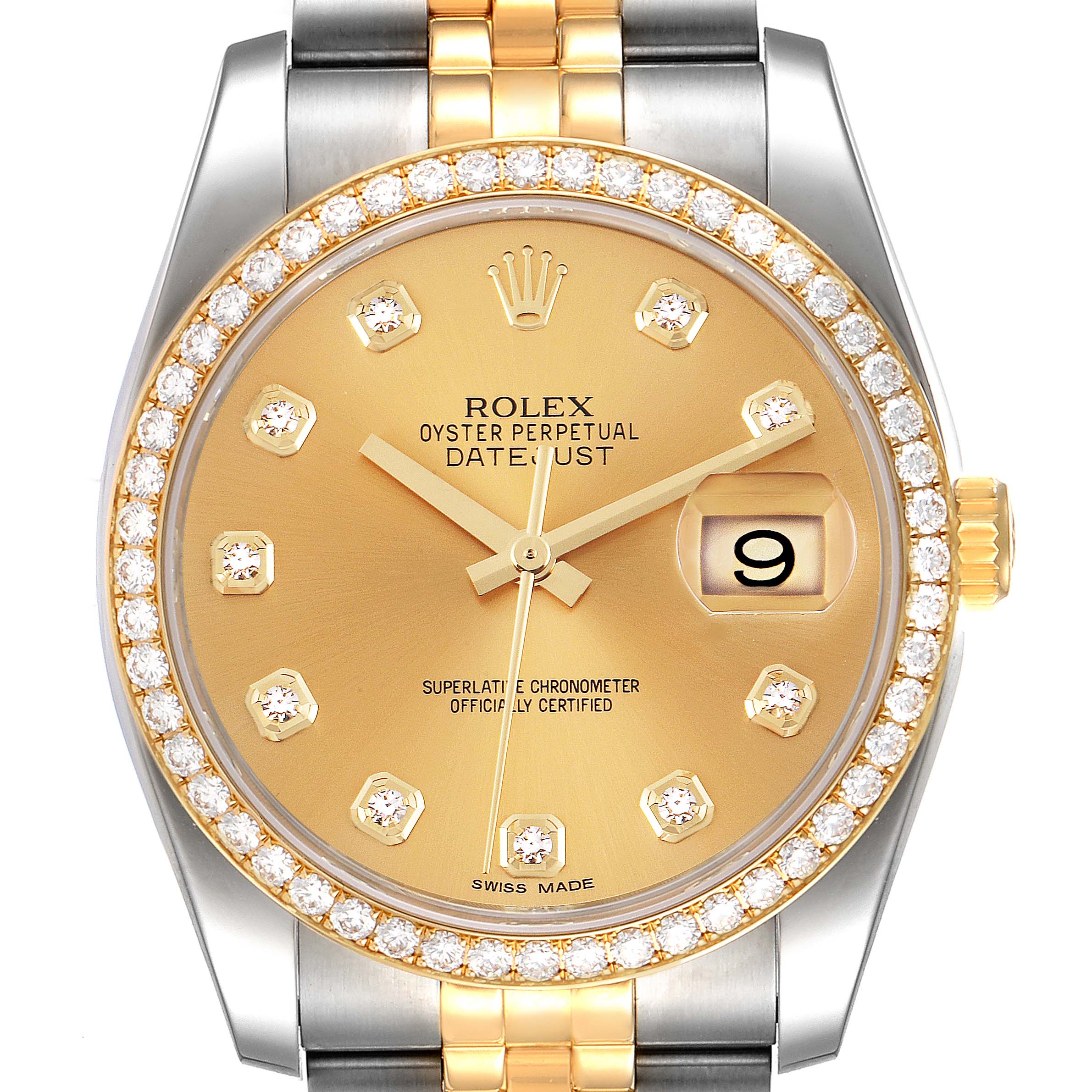 The image shows a front view of the Rolex Datejust 116243 Men's Steel and Gold (two tone) Champagne Dial 116243 Men's Steel and Gold (two tone) Champagne Dial watch with a gold dial, diamond hour markers, and a diamond-studded bezel.