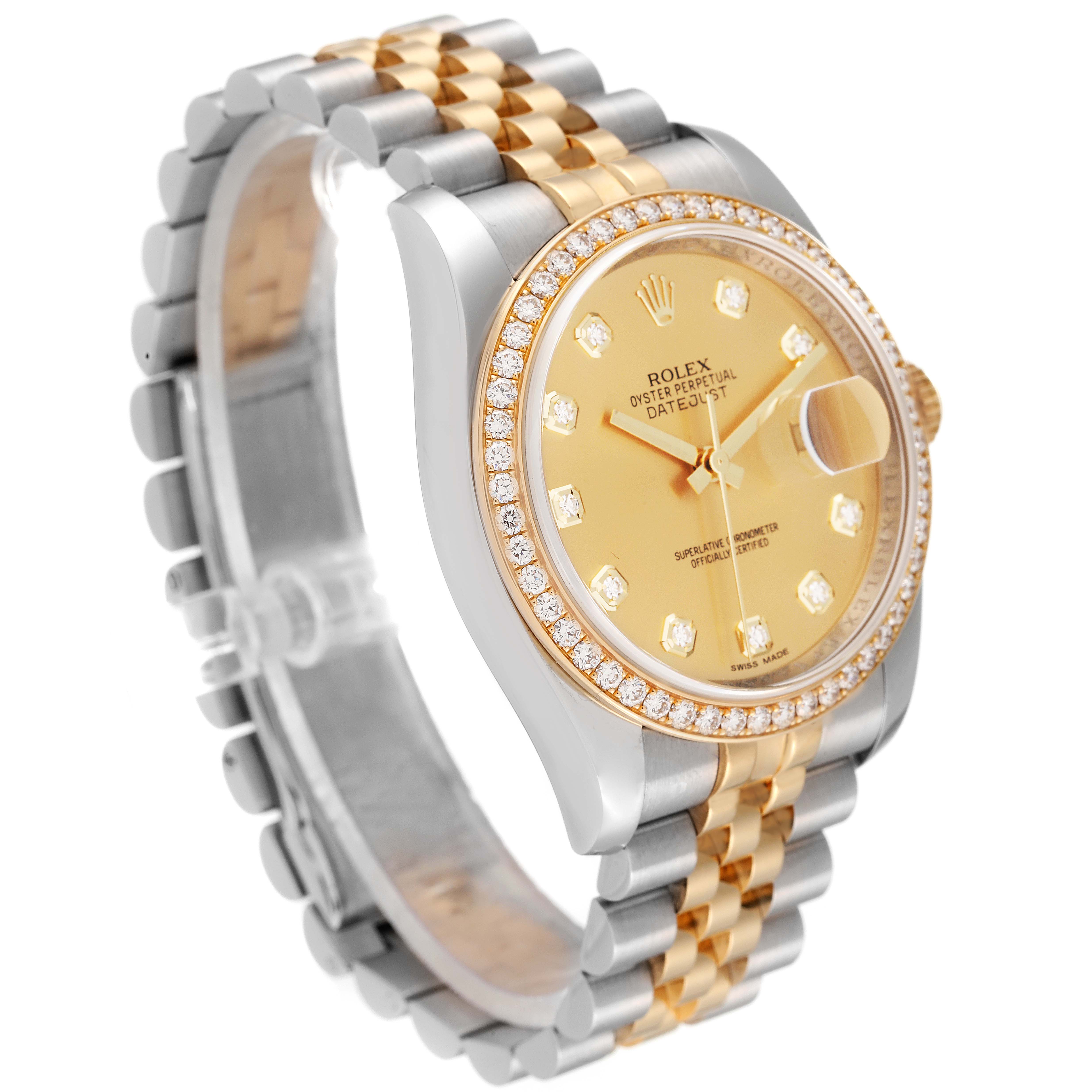 The image shows a Rolex Datejust 116243 Men's Steel and Gold (two tone) Champagne Dial 116243 Men's Steel and Gold (two tone) Champagne Dial watch at a slight angle, highlighting its face, bezel, and Jubilee bracelet.