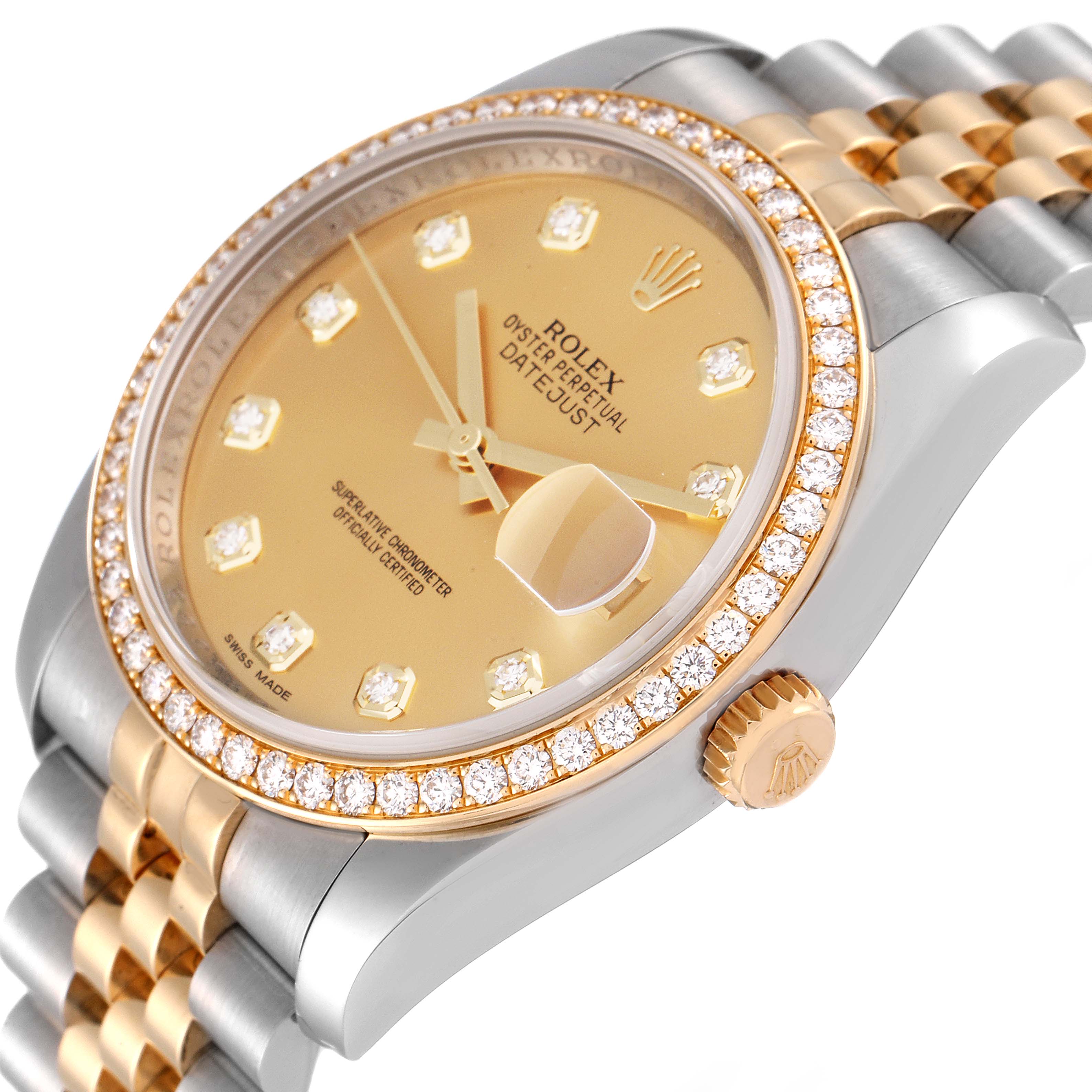 The image shows a close-up angled view of a Rolex Datejust 116243 Men's Steel and Gold (two tone) Champagne Dial 116243 Men's Steel and Gold (two tone) Champagne Dial watch, highlighting its face, bezel, and partial bracelet.