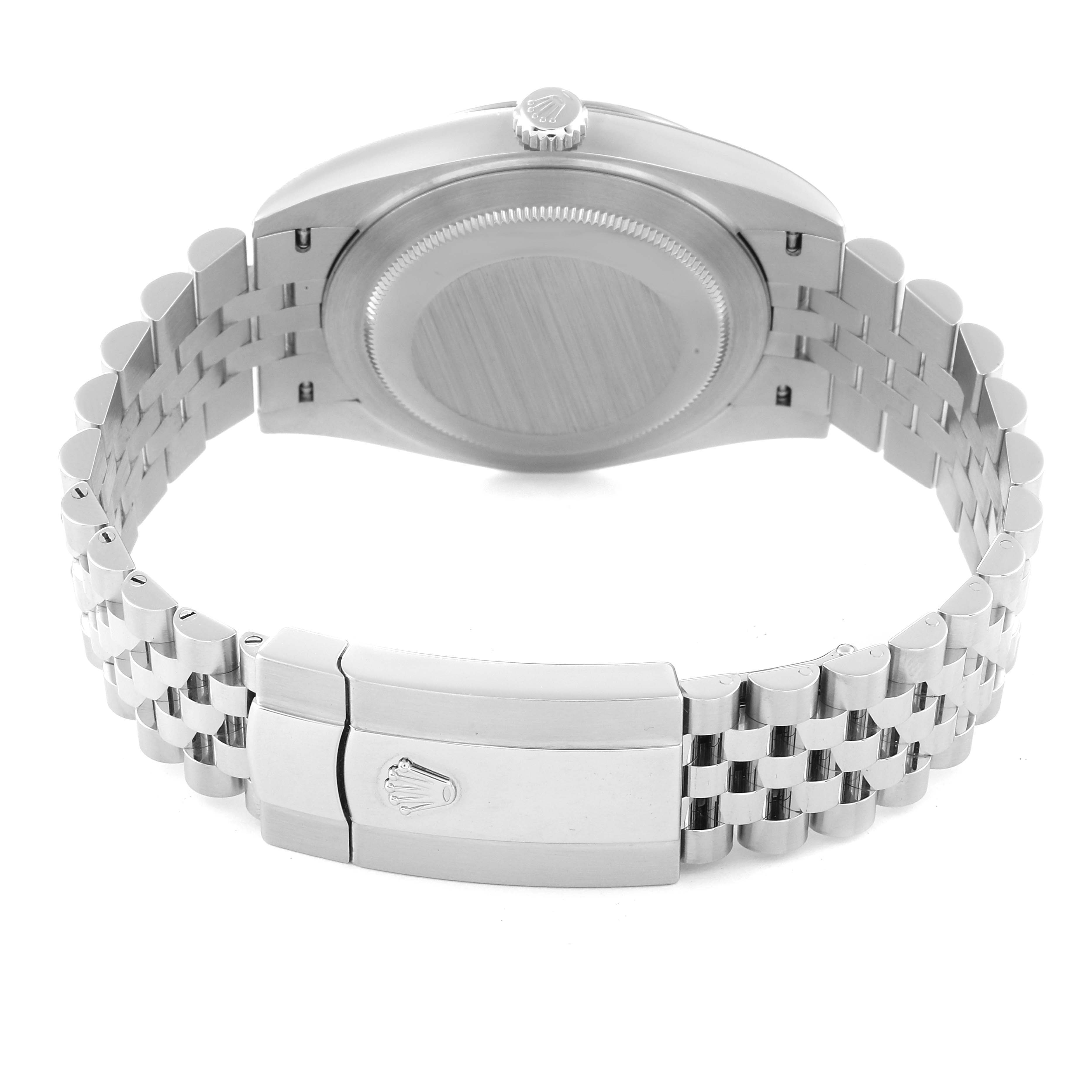 This image shows the back view of a Rolex Datejust 41 126334 Men's Stainless Steel Black Dial 126334 Men's Stainless Steel Black Dial, highlighting its case, crown, and bracelet with clasp.