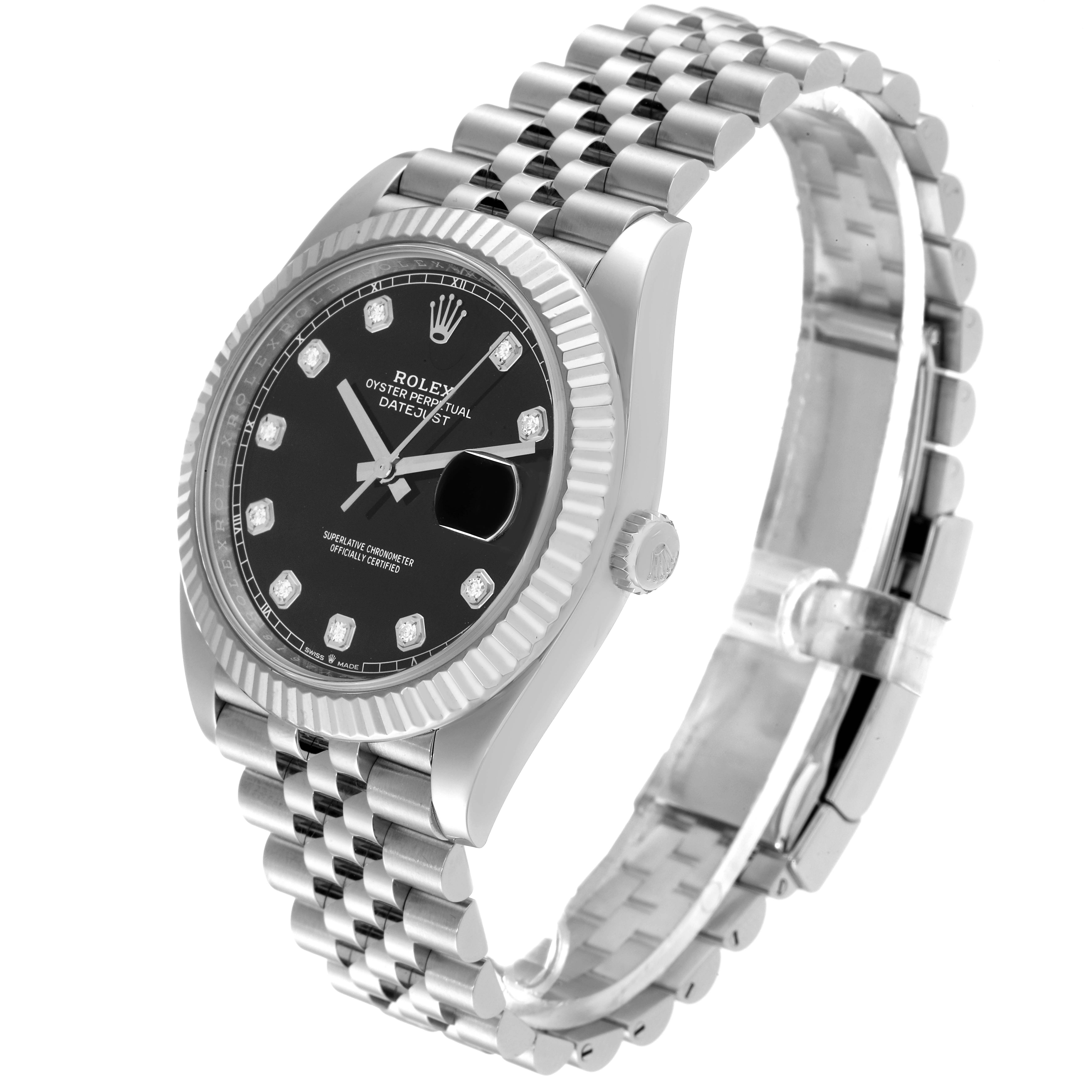 The Rolex Datejust 41 126334 Men's Stainless Steel Black Dial 126334 Men's Stainless Steel Black Dial watch is depicted at an angle showing its face, bezel, crown, and Jubilee bracelet.