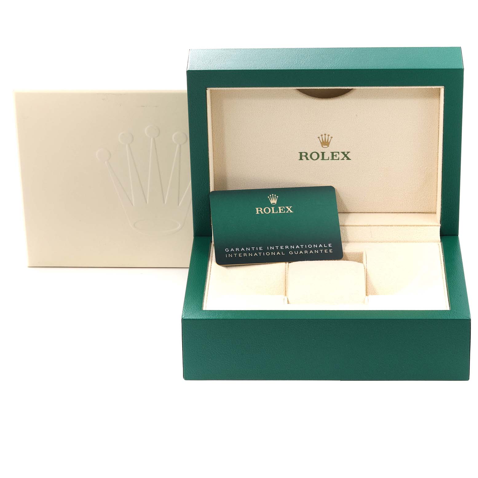 The image shows the open green box, inner cushion, and warranty card of the Rolex Datejust 41 126334 Men's Stainless Steel Black Dial 126334 Men's Stainless Steel Black Dial model.