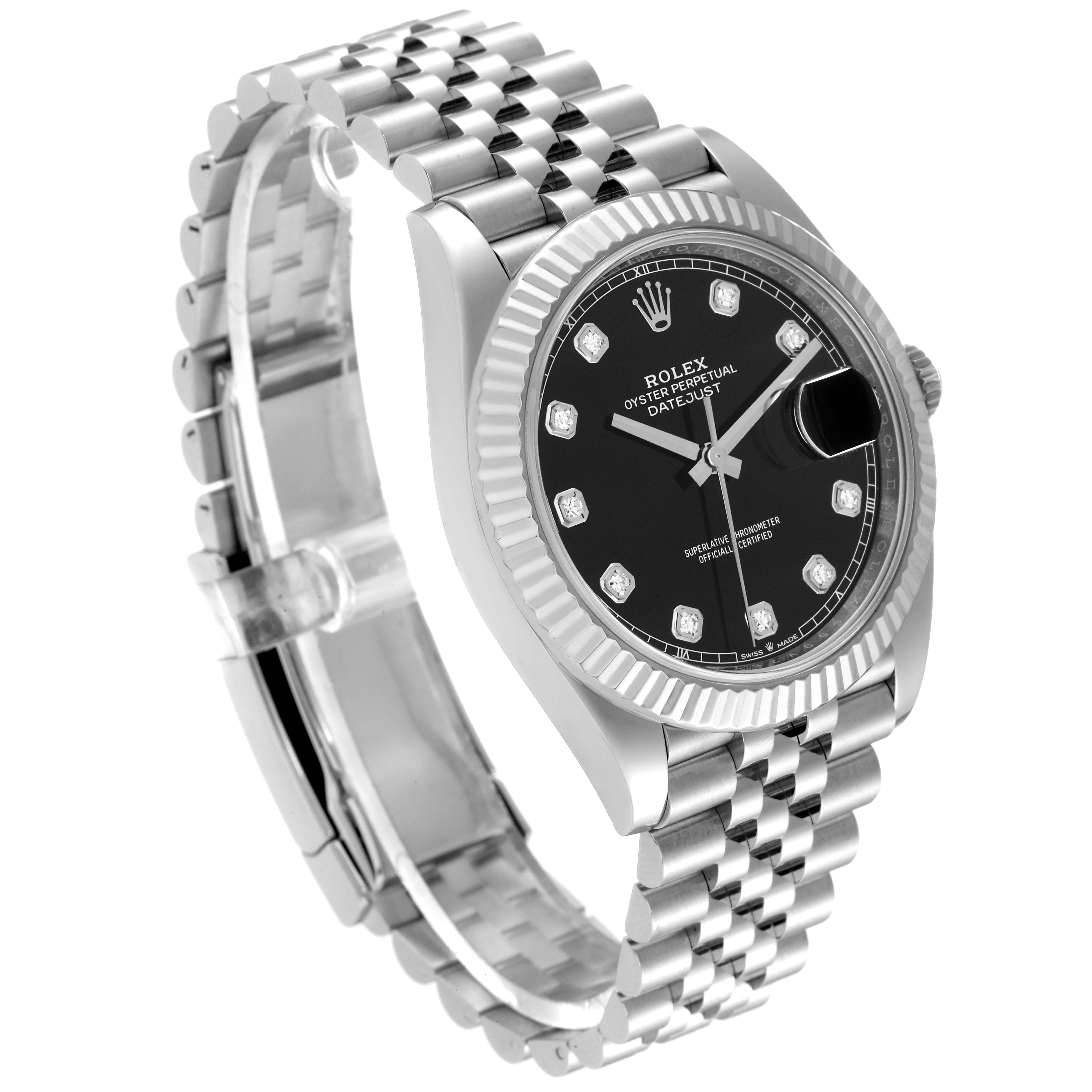 The image shows a Rolex Datejust 41 126334 Men's Stainless Steel Black Dial 126334 Men's Stainless Steel Black Dial model from an angled side view, highlighting the dial, bezel, and Jubilee bracelet.