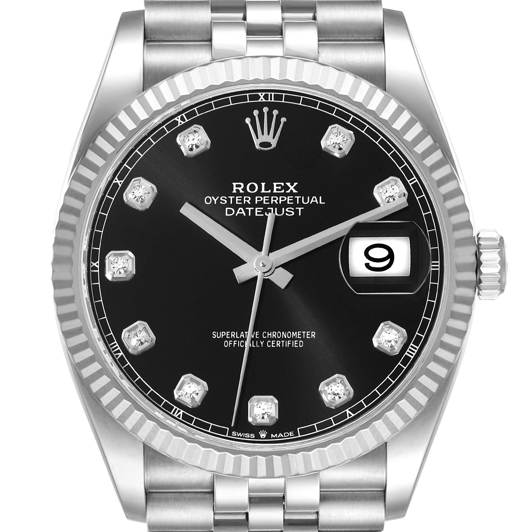 The image shows a frontal view of the Rolex Datejust 41 126334 Men's Stainless Steel Black Dial 126334 Men's Stainless Steel Black Dial watch, highlighting its black dial, fluted bezel, and Jubilee bracelet.