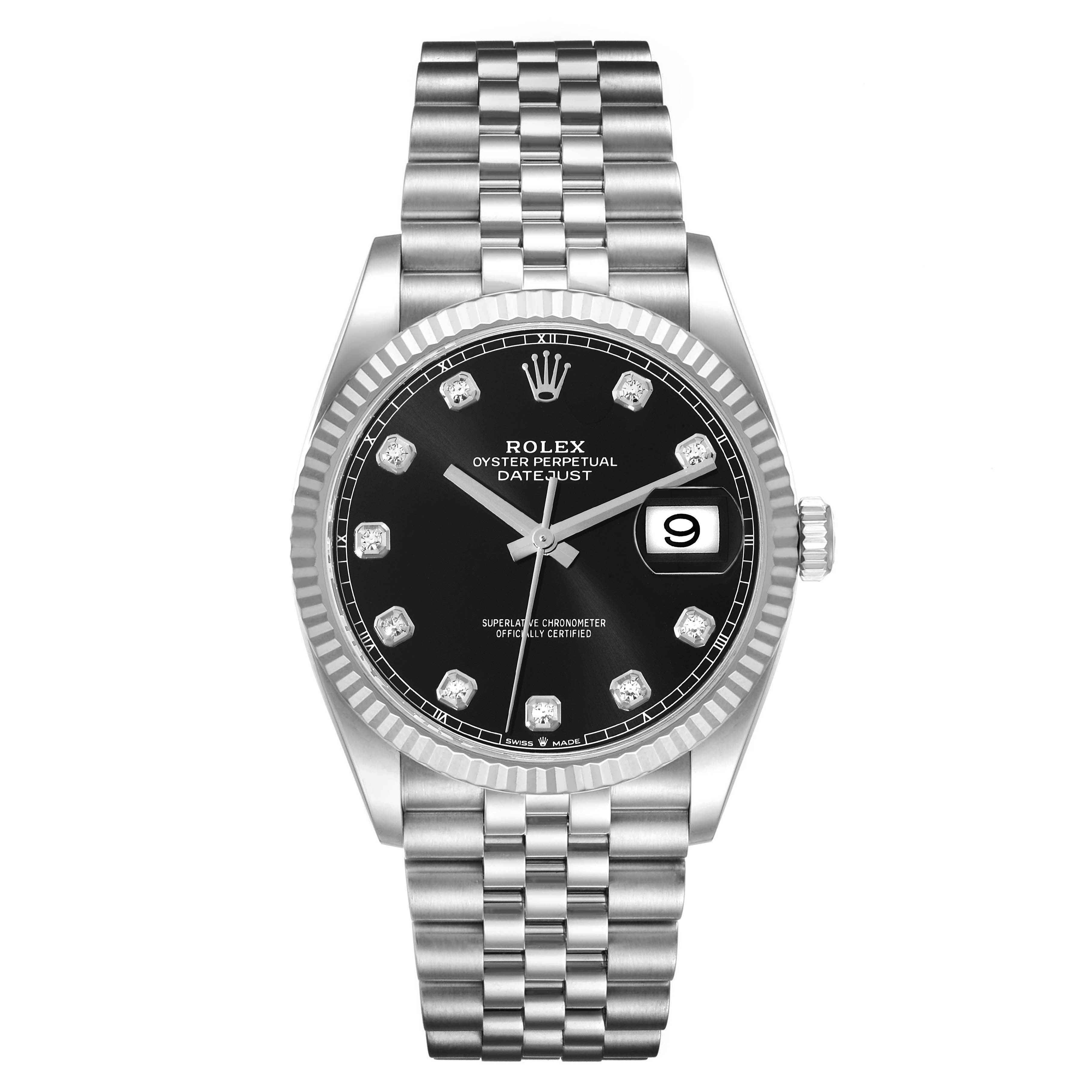 The image shows a front view of the Rolex Datejust 41 126334 Men's Stainless Steel Black Dial 126334 Men's Stainless Steel Black Dial watch, highlighting its black dial, fluted bezel, and jubilee bracelet.