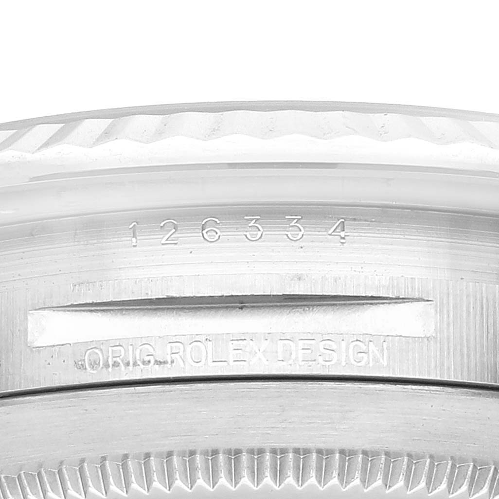 The image shows a close-up of the case with model number "126334" and "ORIG ROLEX DESIGN" engraved on the Rolex Datejust 41 126334 Men's Stainless Steel Black Dial 126334 Men's Stainless Steel Black Dial.