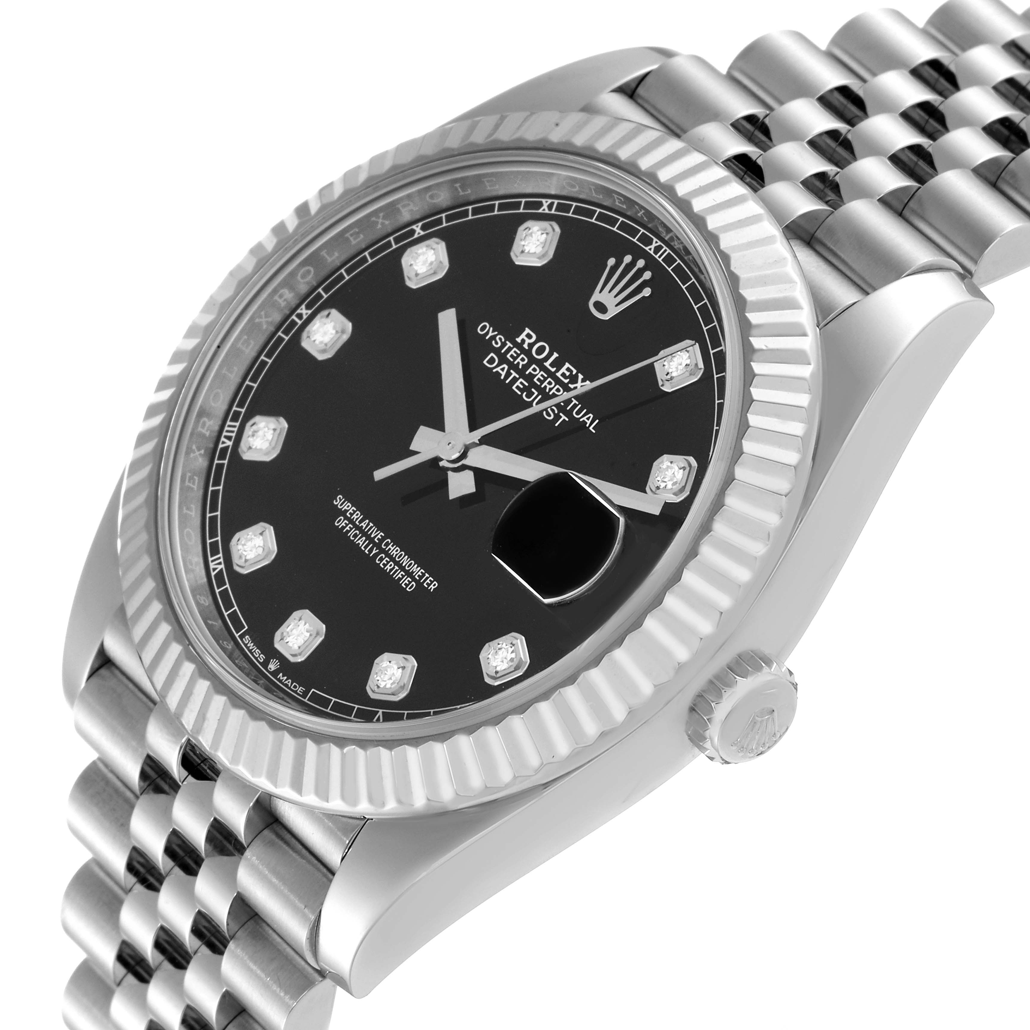 The image shows a close-up, angled view of the Rolex Datejust 41 126334 Men's Stainless Steel Black Dial 126334 Men's Stainless Steel Black Dial watch, highlighting its face, bezel, and part of the bracelet.