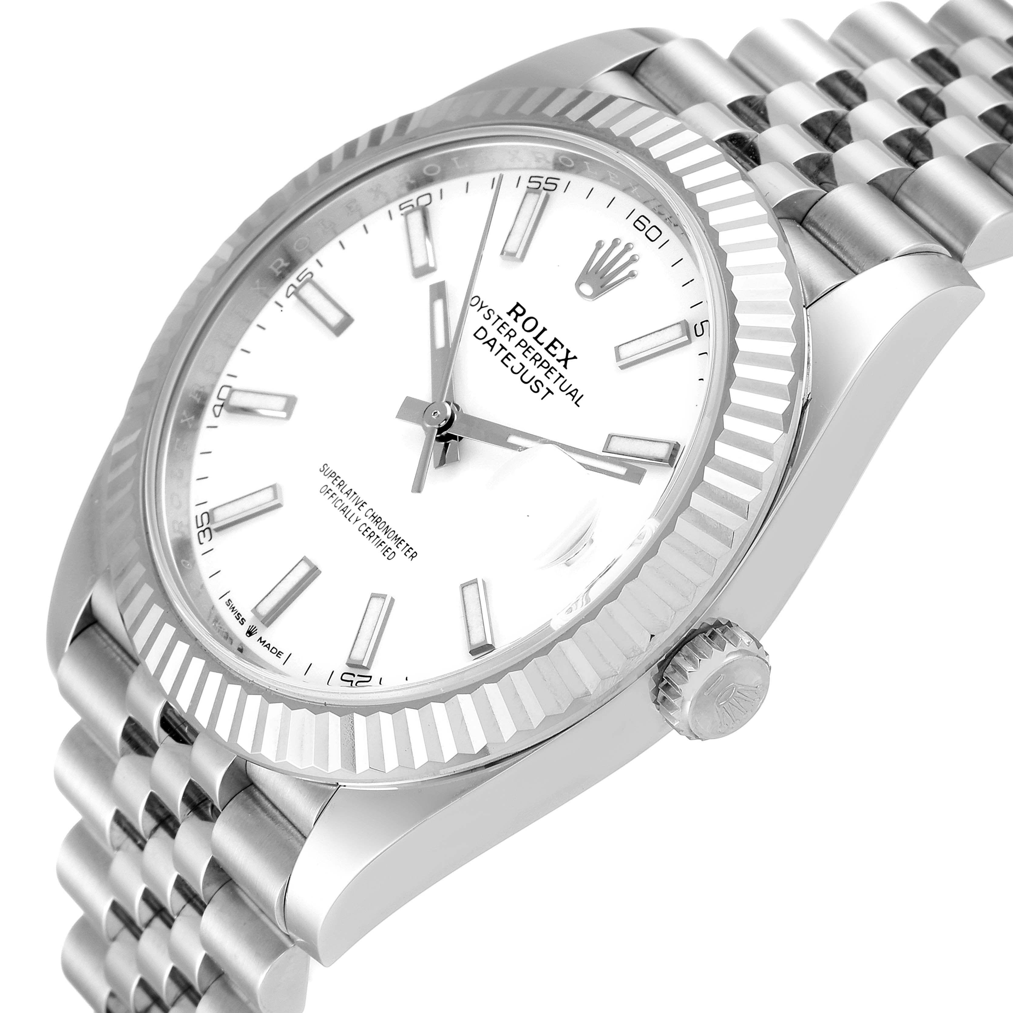 This image shows a Rolex Datejust 41 126334 Men
s Stainless Steel White Dial 126334 Men
s Stainless Steel White Dial watch at an oblique angle, highlighting its face, fluted bezel, and part of the bracelet.