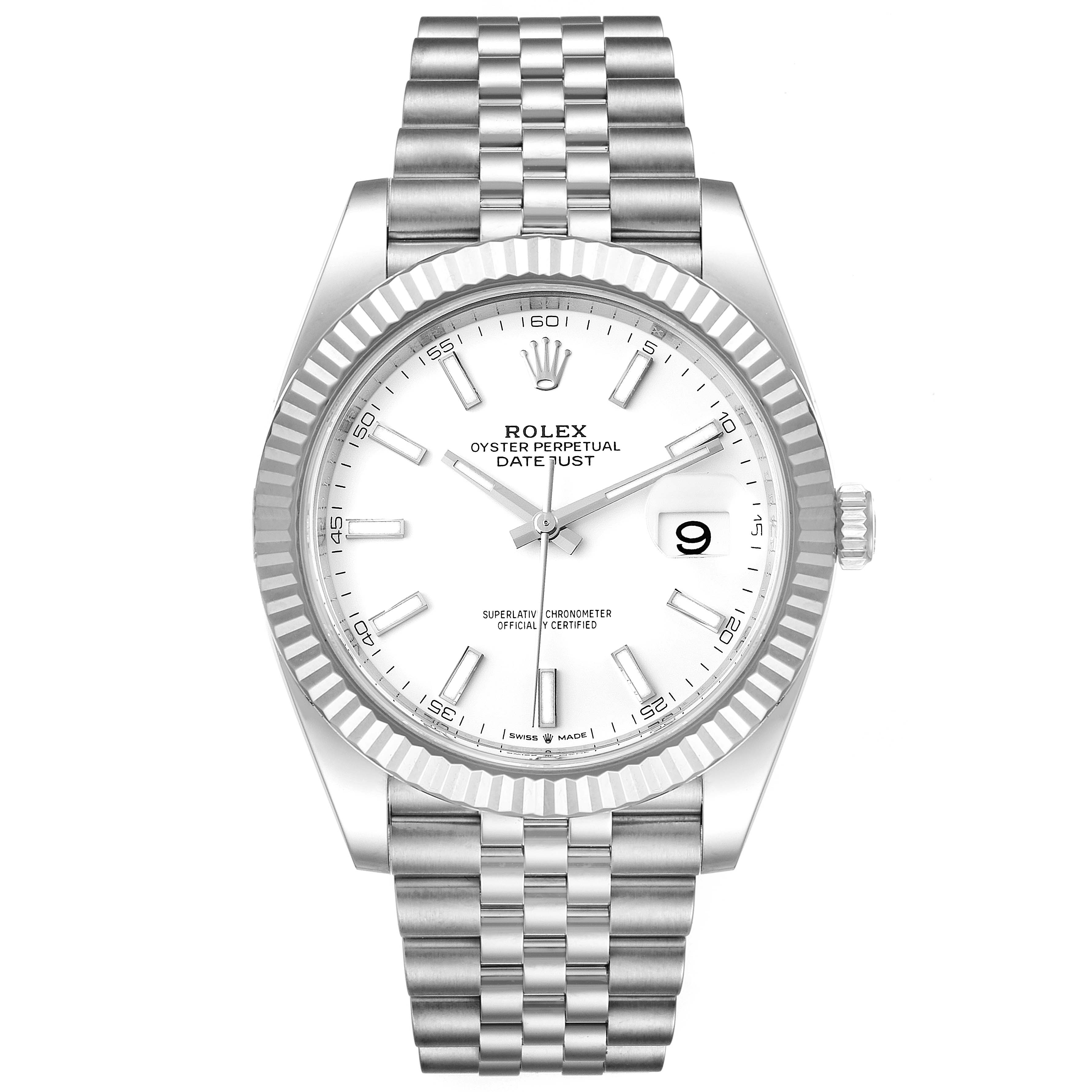 The image shows the face and bracelet of a Rolex Datejust 41 126334 Men
s Stainless Steel White Dial 126334 Men
s Stainless Steel White Dial watch from a front angle.