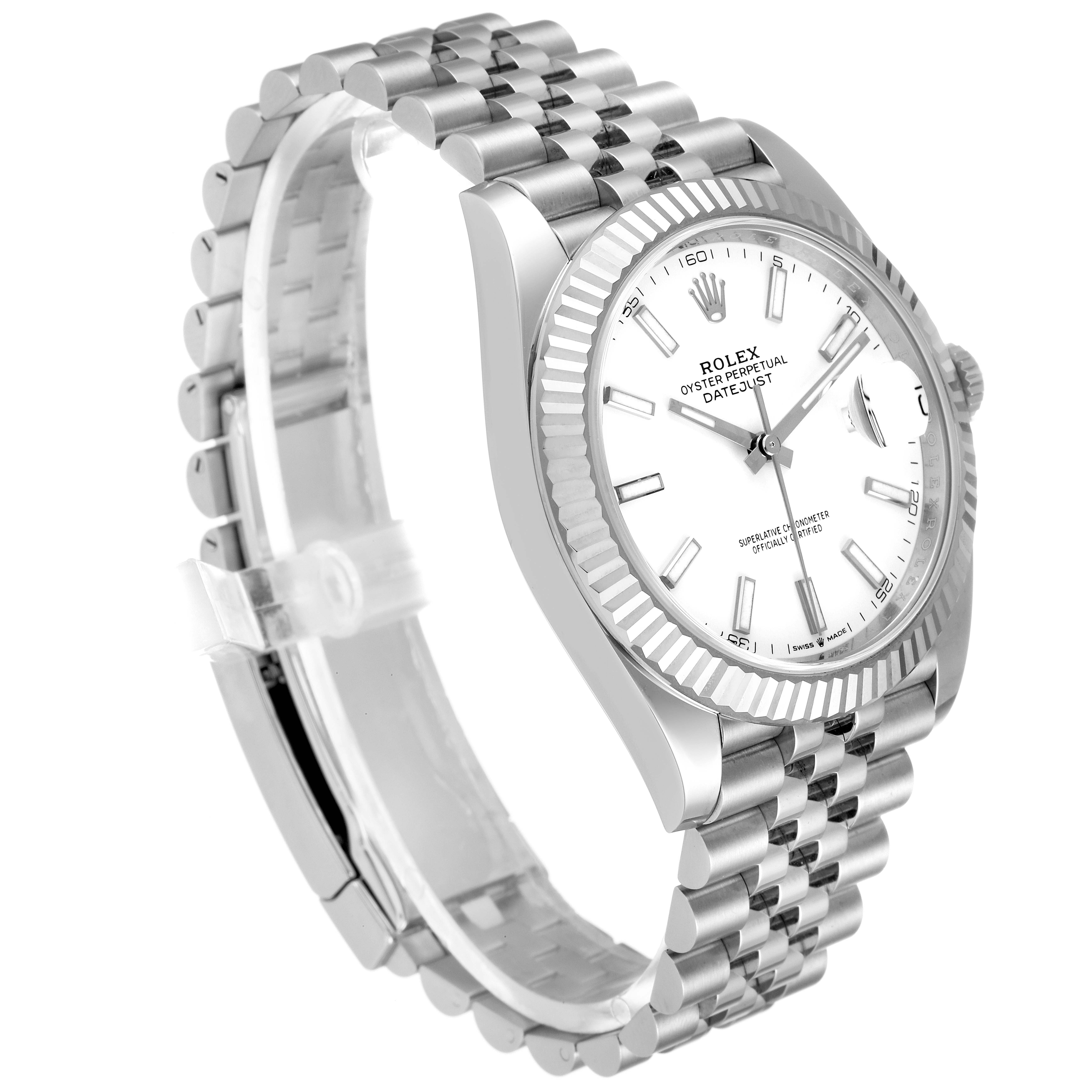 The Rolex Datejust 41 126334 Men
s Stainless Steel White Dial 126334 Men
s Stainless Steel White Dial is shown from an angled side view, displaying the face, bezel, and Jubilee bracelet.