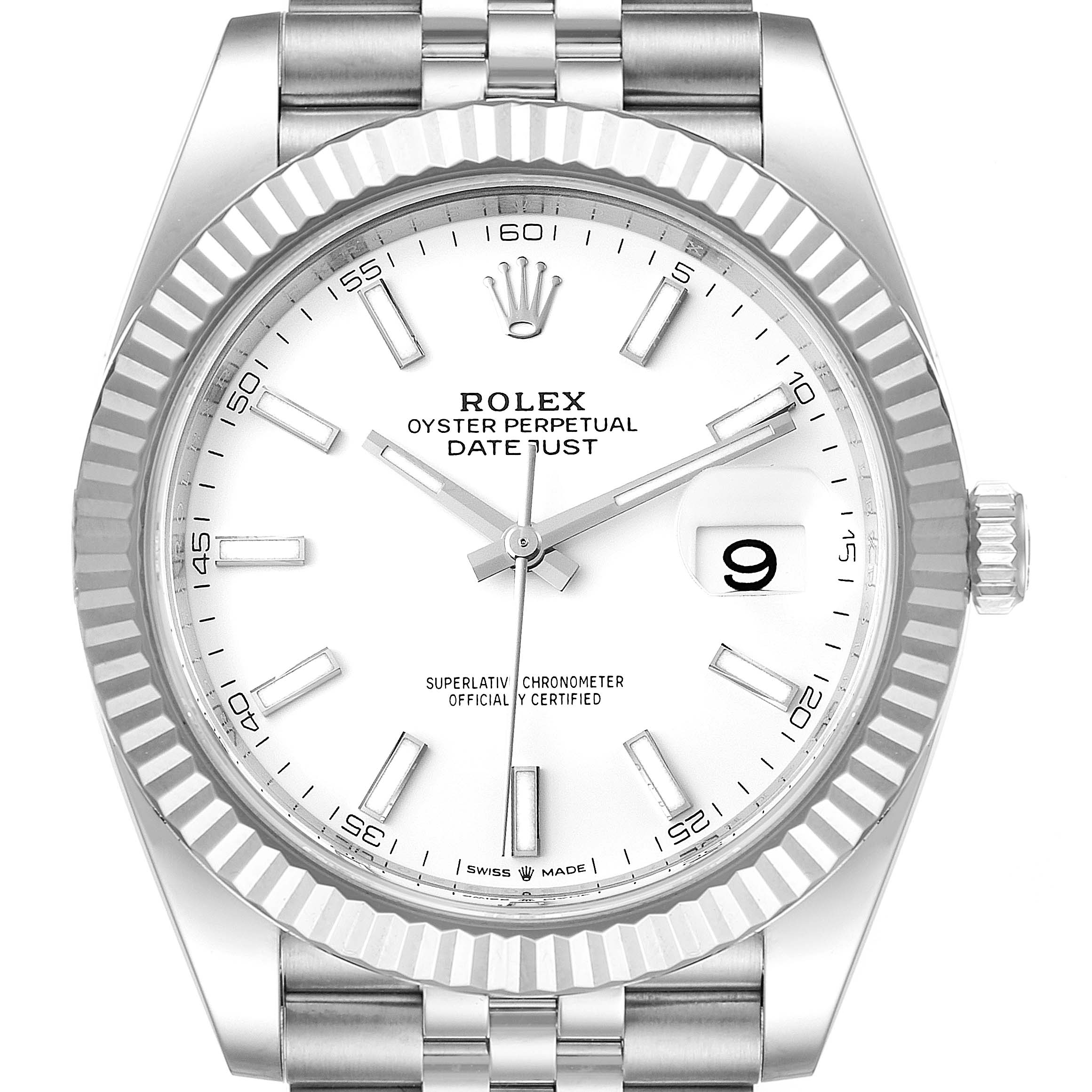The image shows a front view of the Rolex Datejust 41 126334 Men
s Stainless Steel White Dial 126334 Men
s Stainless Steel White Dial, highlighting the dial, hands, date window, bezel, and part of the bracelet.
