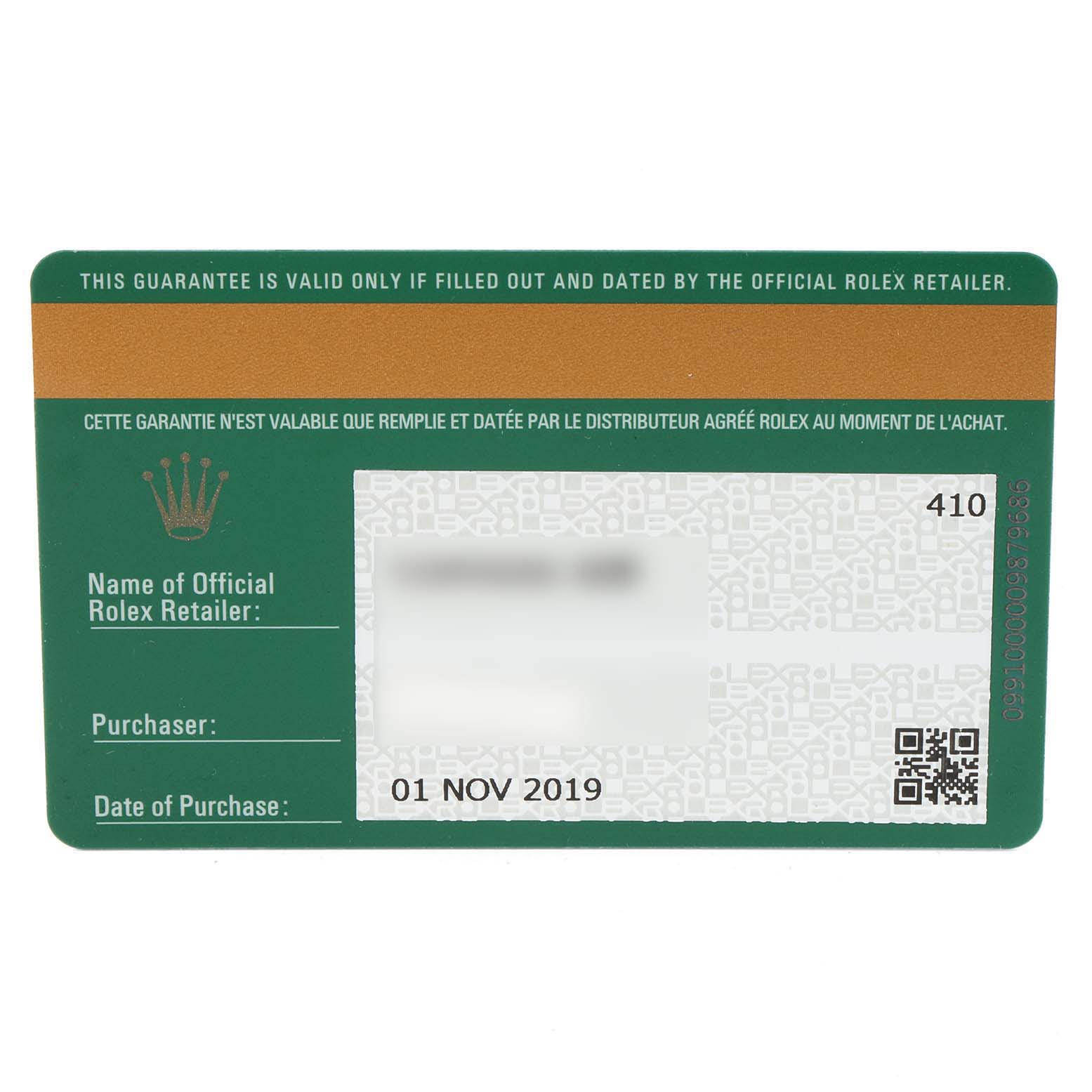 This image shows a warranty card for the Rolex Datejust 41 126334 Men
s Stainless Steel White Dial 126334 Men
s Stainless Steel White Dial watch from an official Rolex retailer, dated 01 Nov 2019.