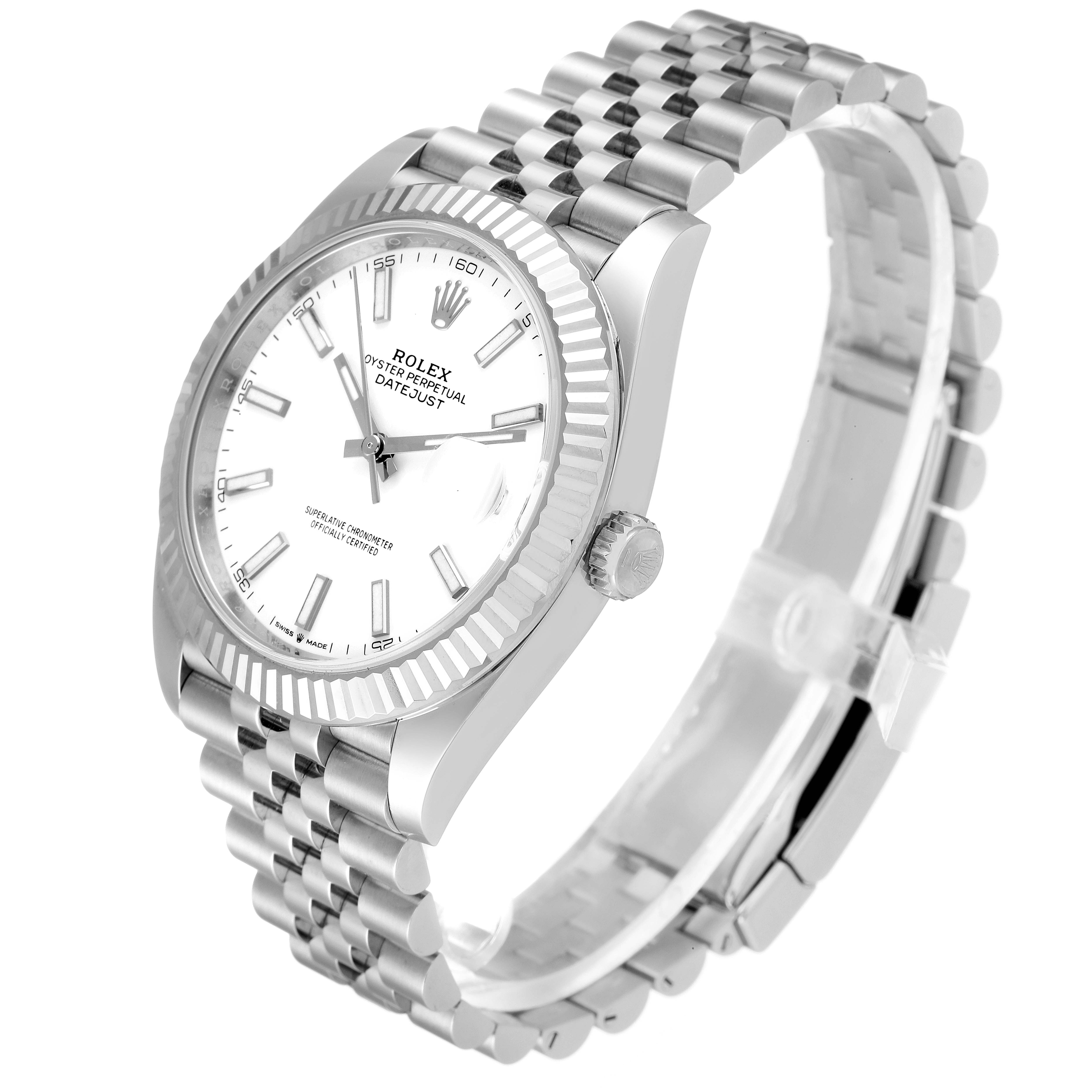 The Rolex Datejust 41 126334 Men
s Stainless Steel White Dial 126334 Men
s Stainless Steel White Dial watch is shown at an angled view, highlighting its face, bezel, crown, and Jubilee bracelet.