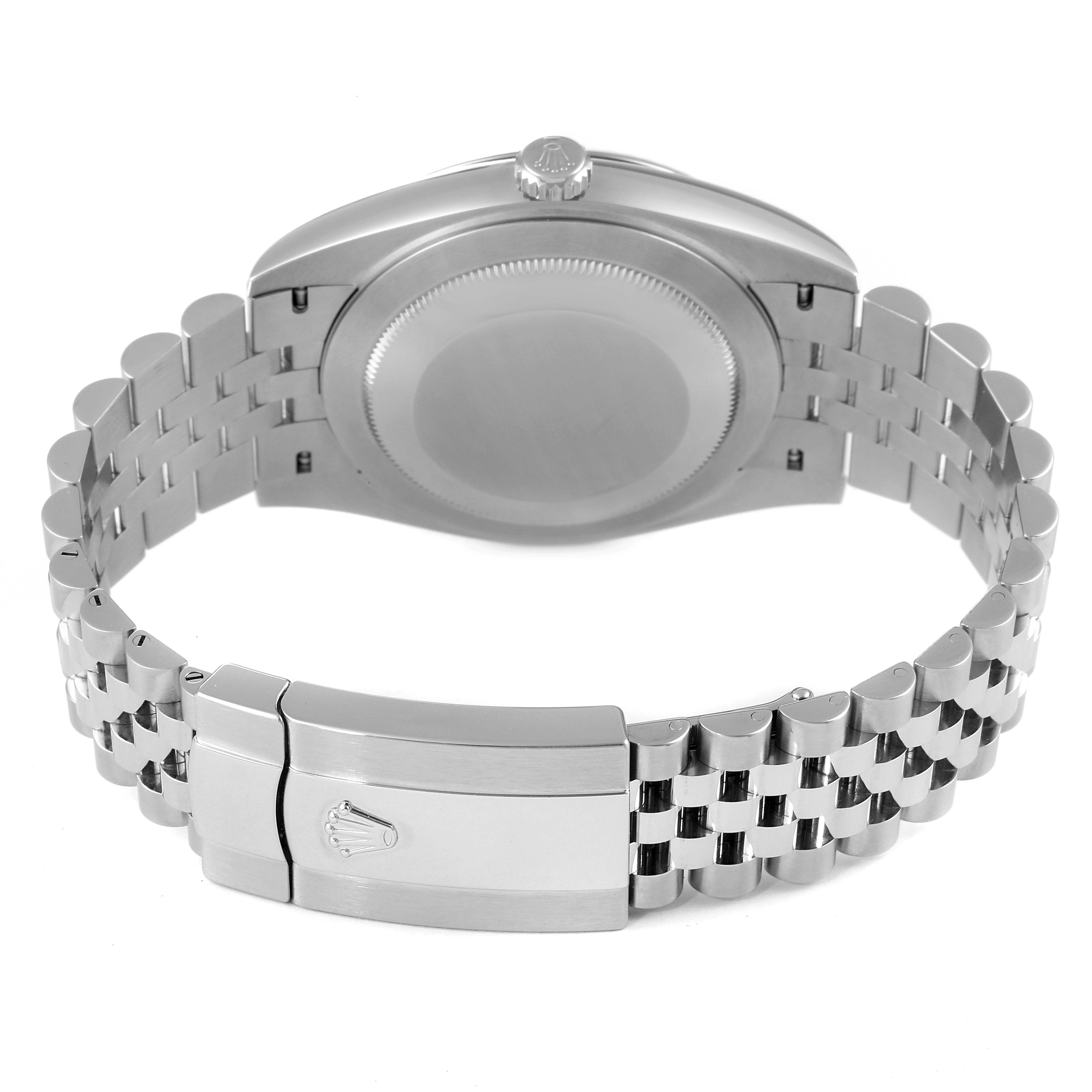 The image shows the back view of the Rolex Datejust 41 126334 Men
s Stainless Steel White Dial 126334 Men
s Stainless Steel White Dial model, focusing on the case back and Jubilee bracelet.