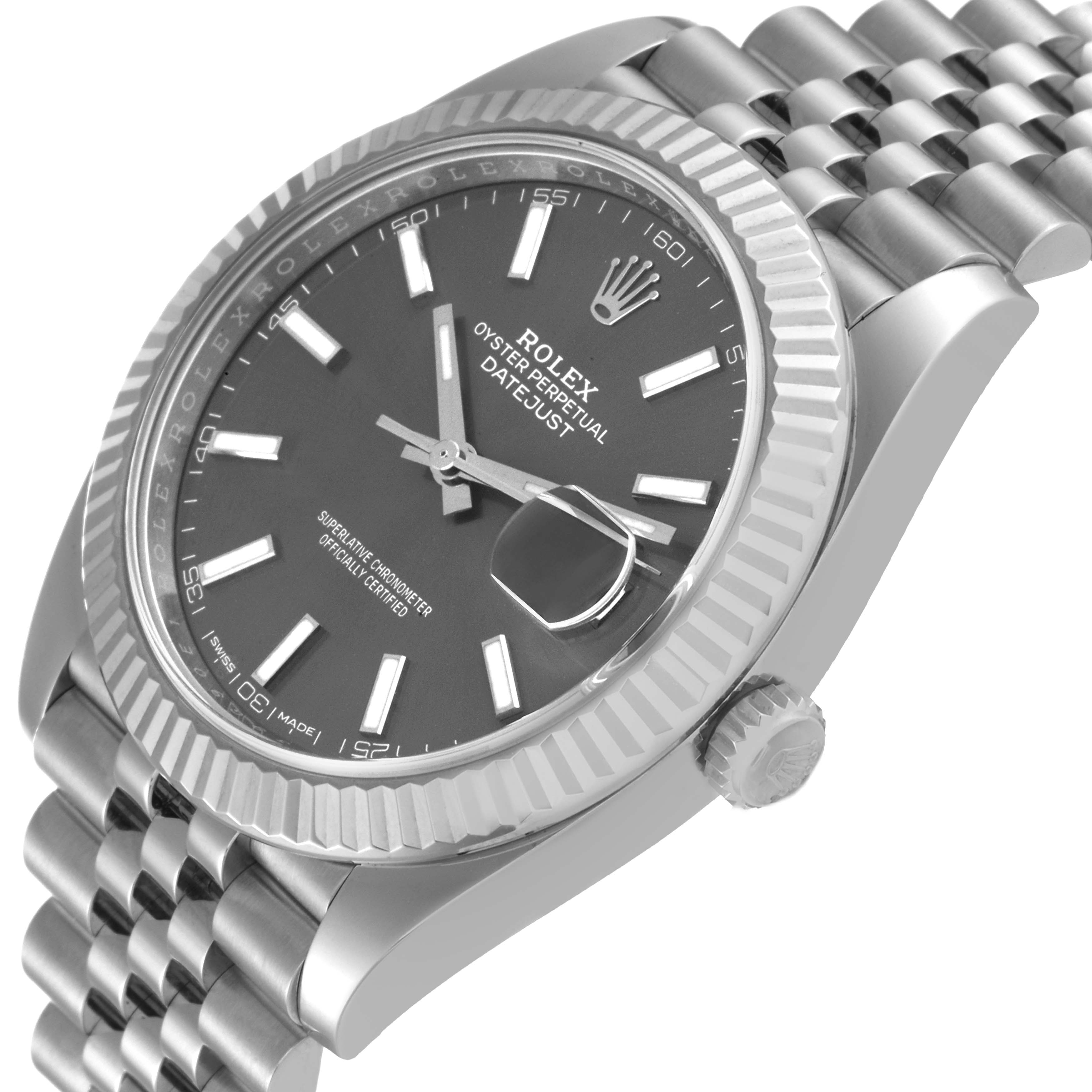 This image shows a close-up side angle of the Rolex Datejust 41 126334 Men
s Stainless Steel Grey Dial 126334 Men
s Stainless Steel Grey Dial, highlighting the dial, bezel, and part of the bracelet.