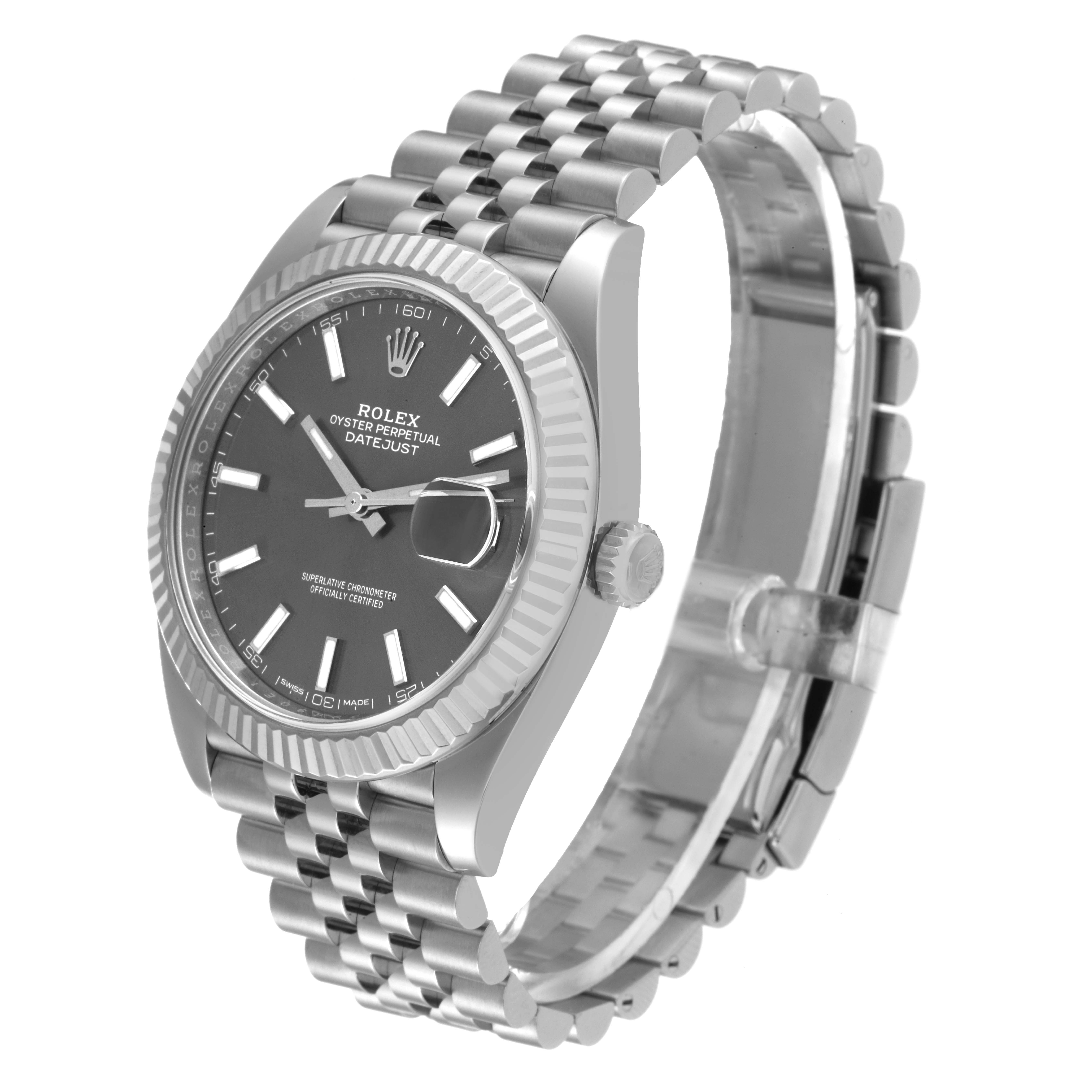 The image shows a Rolex Datejust 41 126334 Men
s Stainless Steel Grey Dial 126334 Men
s Stainless Steel Grey Dial watch from an angled front view, displaying the face, bezel, crown, and bracelet.