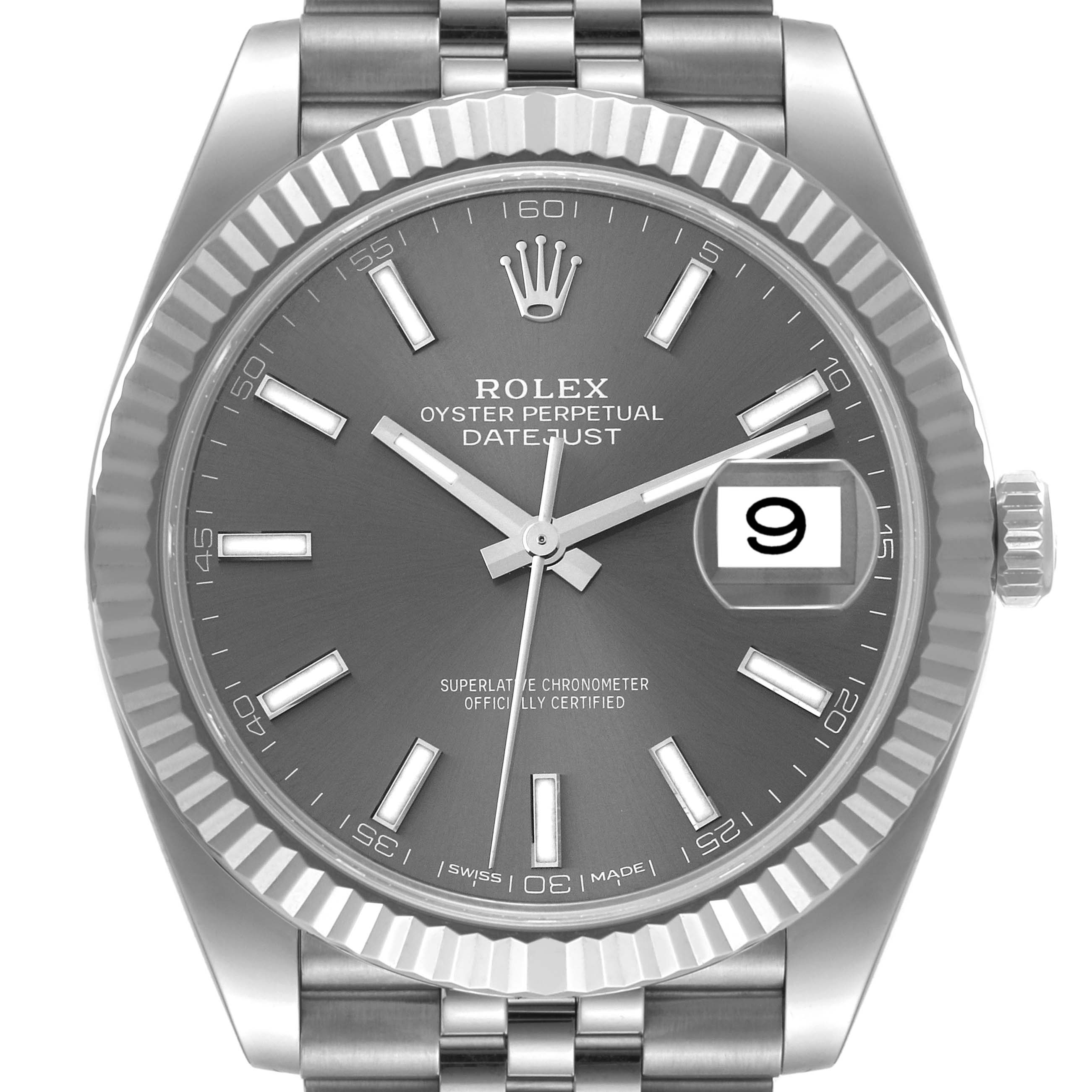 This image shows a front view of the Rolex Datejust 41 126334 Men
s Stainless Steel Grey Dial 126334 Men
s Stainless Steel Grey Dial watch, highlighting its dial, bezel, hands, and bracelet.