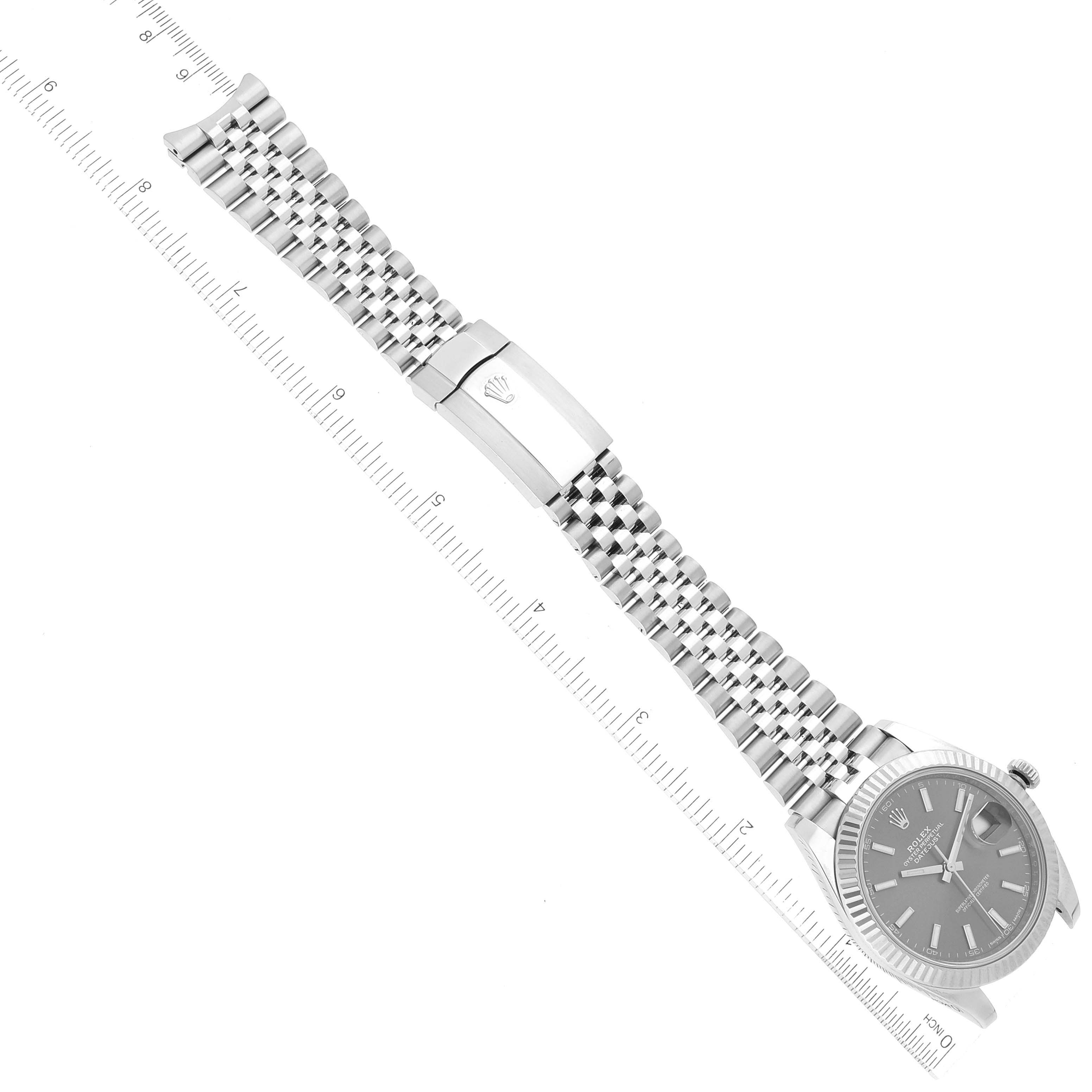 The image shows the Rolex Datejust 41 126334 Men
s Stainless Steel Grey Dial 126334 Men
s Stainless Steel Grey Dial watch laid flat, displaying the dial, case, jubilee bracelet, and clasp from an overhead angle.