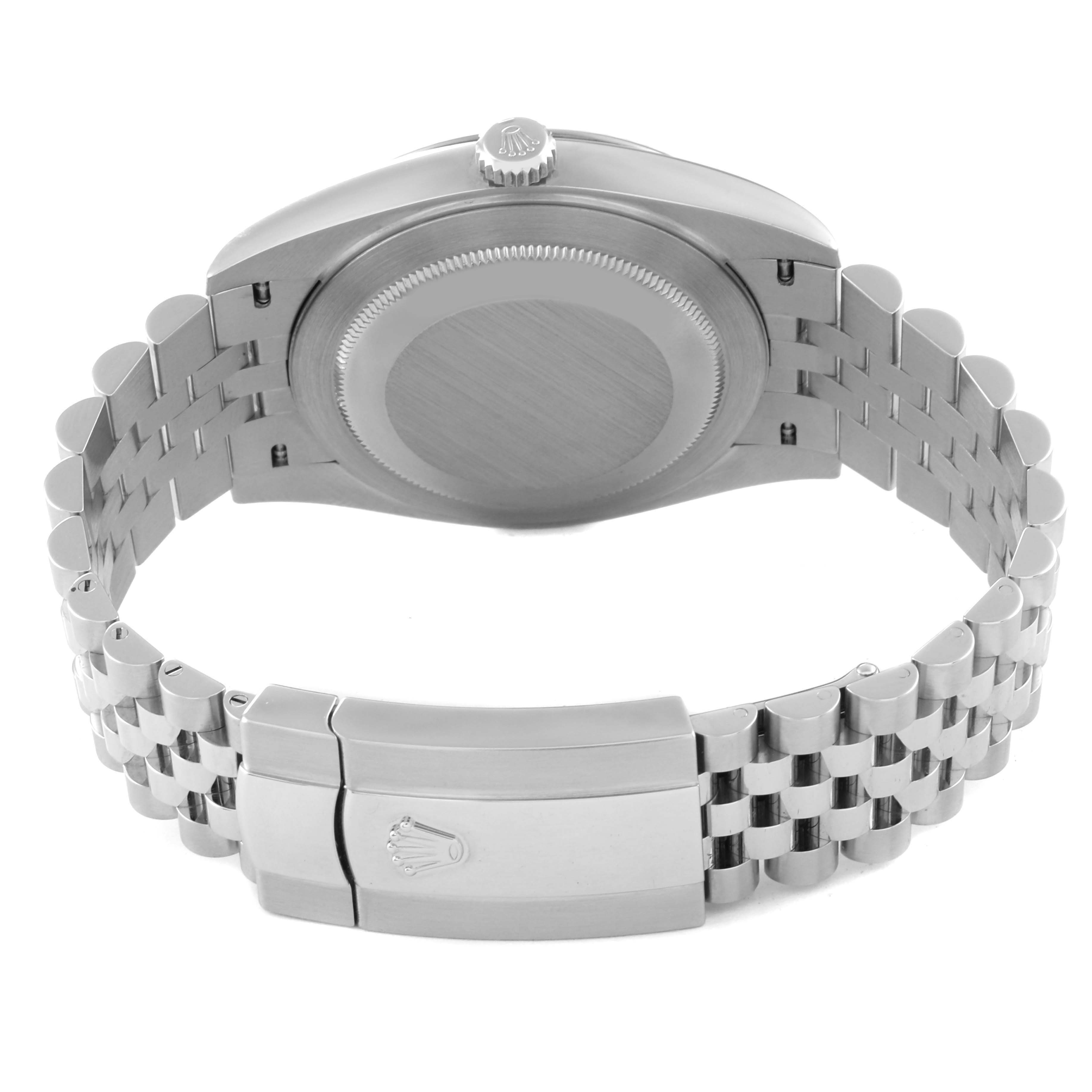 The image shows the back view of a Rolex Datejust 41 126334 Men
s Stainless Steel Grey Dial 126334 Men
s Stainless Steel Grey Dial, highlighting its case back, crown, and Jubilee bracelet with clasp.