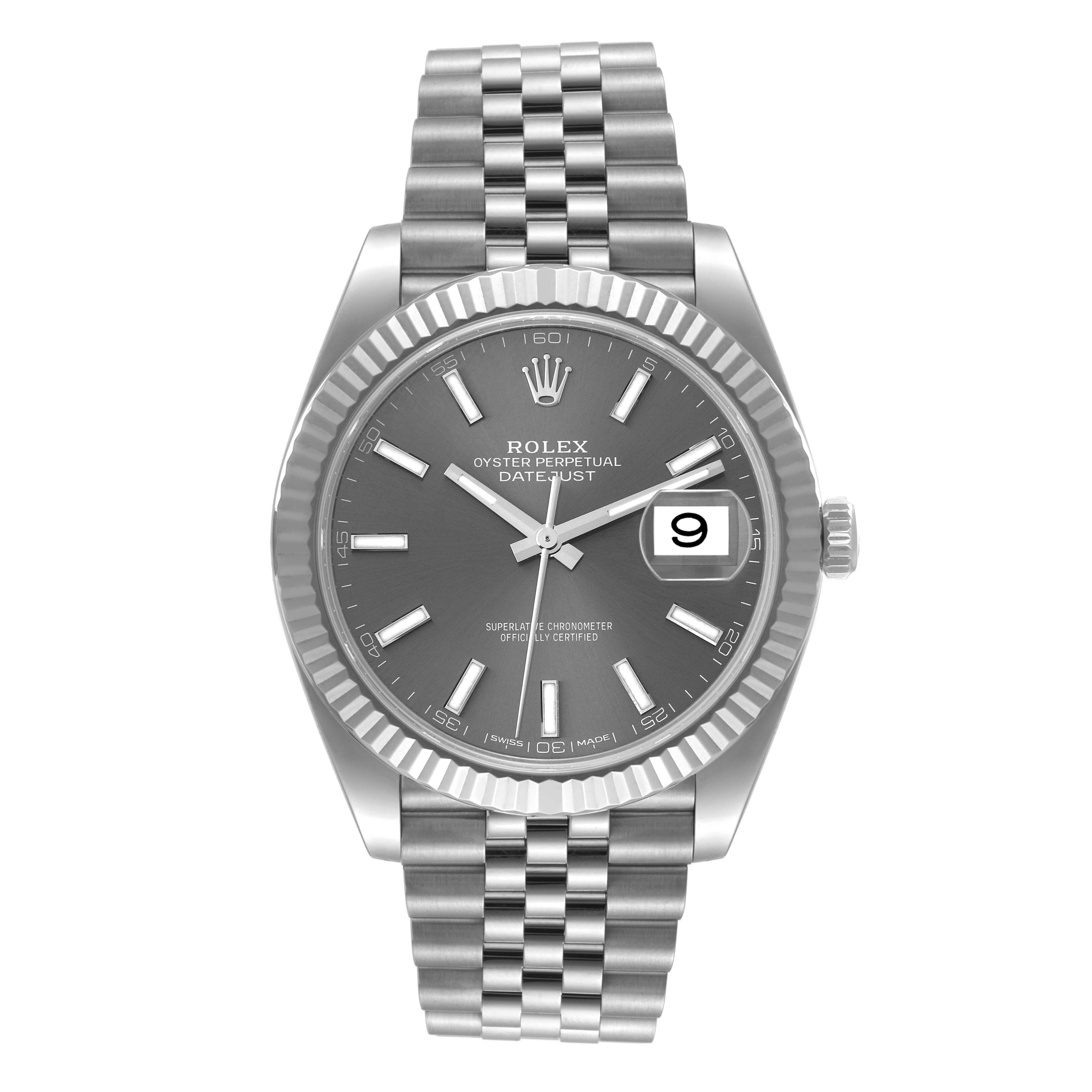 The image shows a front view of the Rolex Datejust 41 126334 Men
s Stainless Steel Grey Dial 126334 Men
s Stainless Steel Grey Dial watch, highlighting its face, bezel, and bracelet.