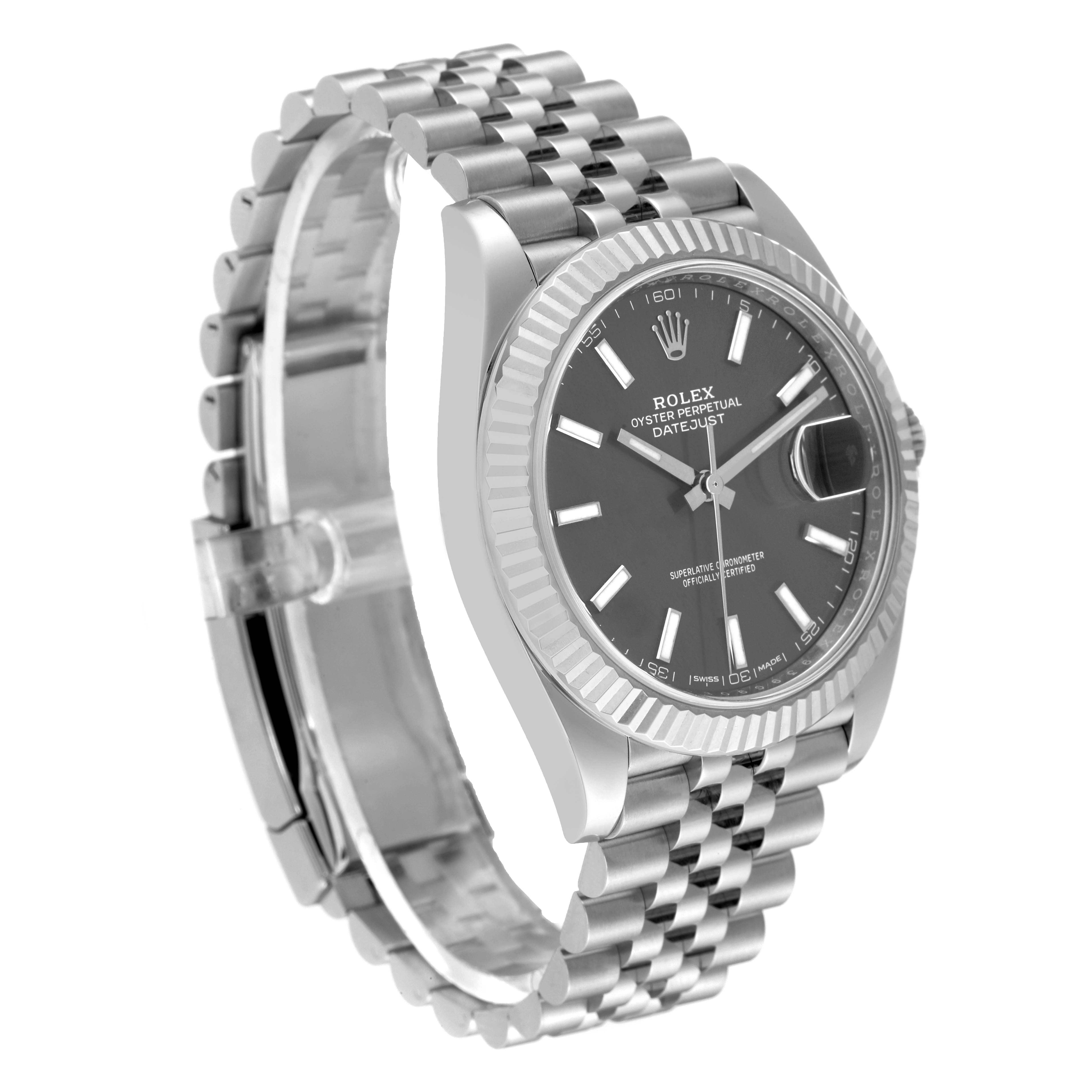 The Rolex Datejust 41 126334 Men
s Stainless Steel Grey Dial 126334 Men
s Stainless Steel Grey Dial watch is shown from a front angle displaying its face, bezel, and bracelet.