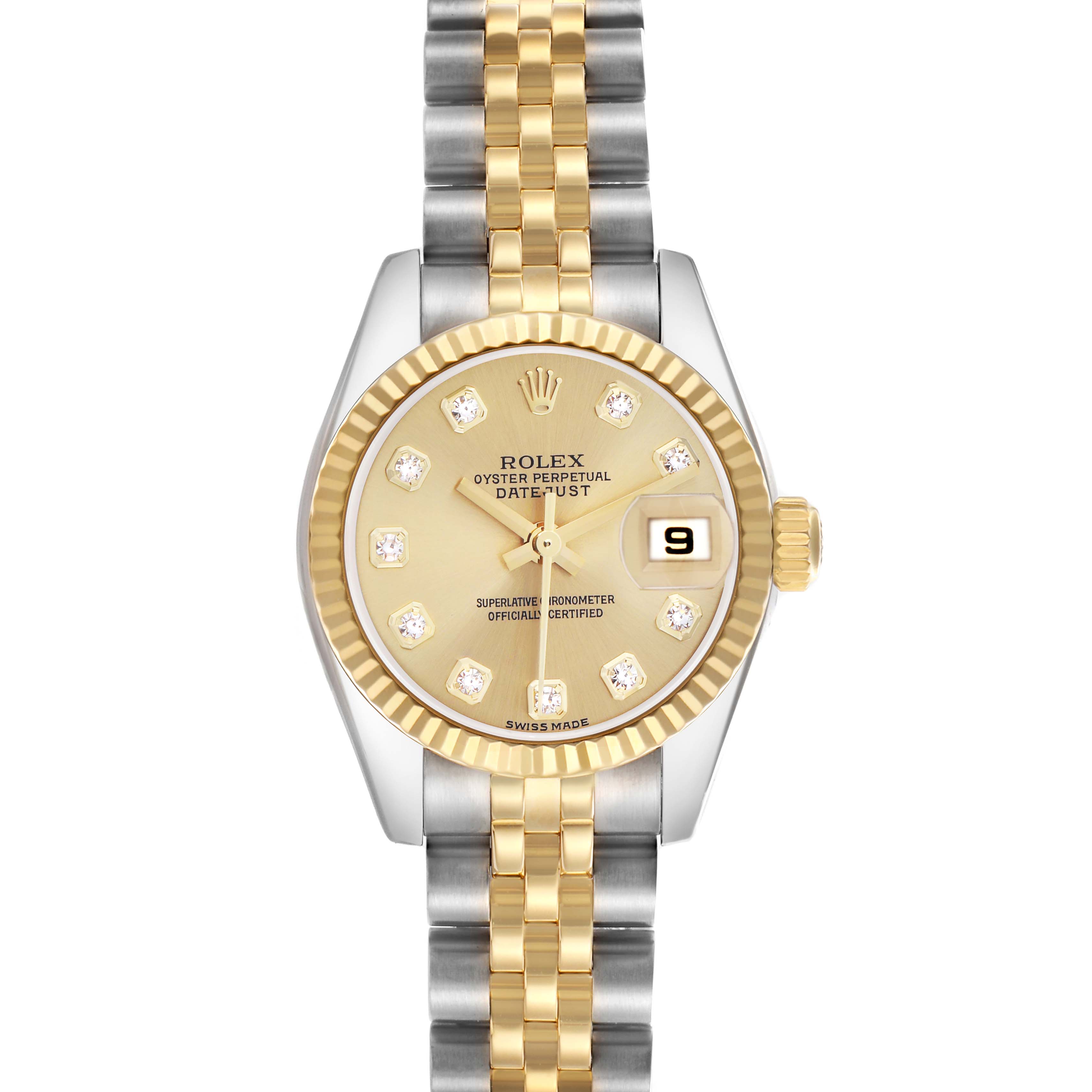 The image shows a frontal view of a Rolex Datejust 179173 Women
s Steel and Gold (two tone) Champagne Dial 179173 Women
s Steel and Gold (two tone) Champagne Dial, highlighting its gold dial, bezel, and two-tone bracelet.